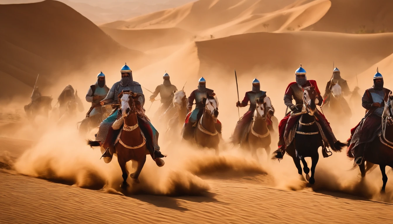 Muslim knights on horseback amid fierce battle and 1,000-year-old Islamic costume in Arabia