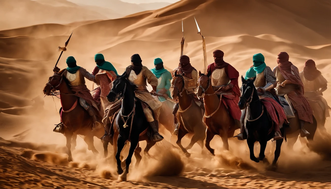 Muslim knights on horseback amid fierce battle and 1,000-year-old Islamic costume in Arabia