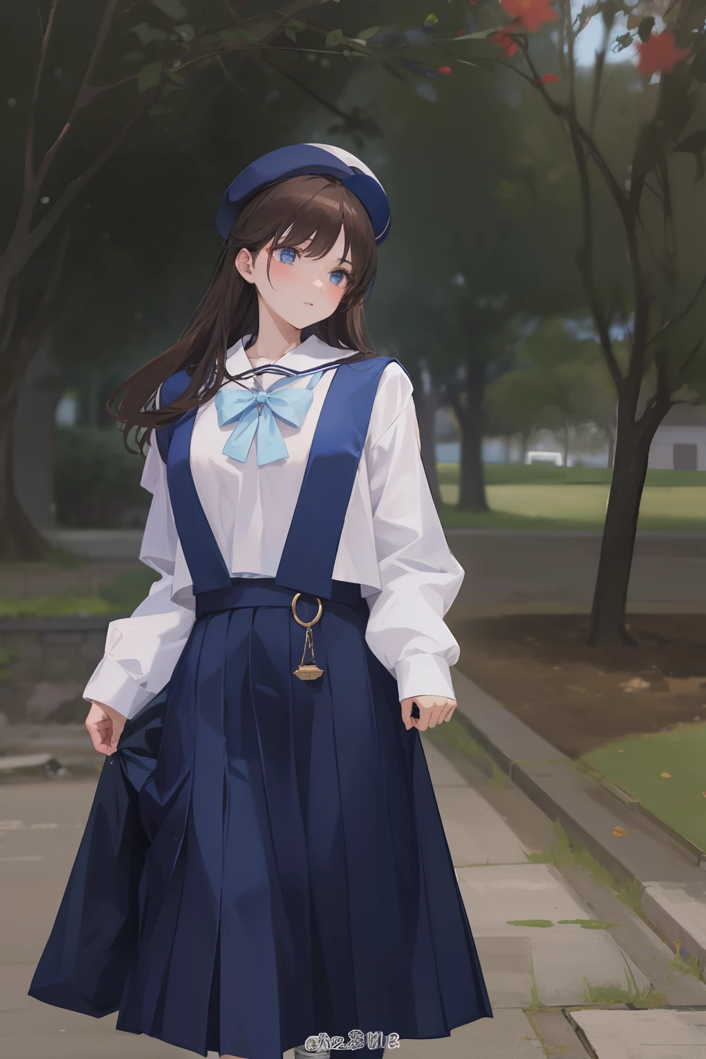 arafed woman in a blue skirt and white shirt and hat, beret hat, brown hair, long hair, magical school student uniform, loose coat collar sailor uniform, jk uniform, magic school uniform, seifuku, sailor uniform, japanese girl school uniform, japanese school uniform, girl wearing uniform, sailor clothing, japanese clothes, wearing japanese school uniform, female sailor uniforms, magic uniform university