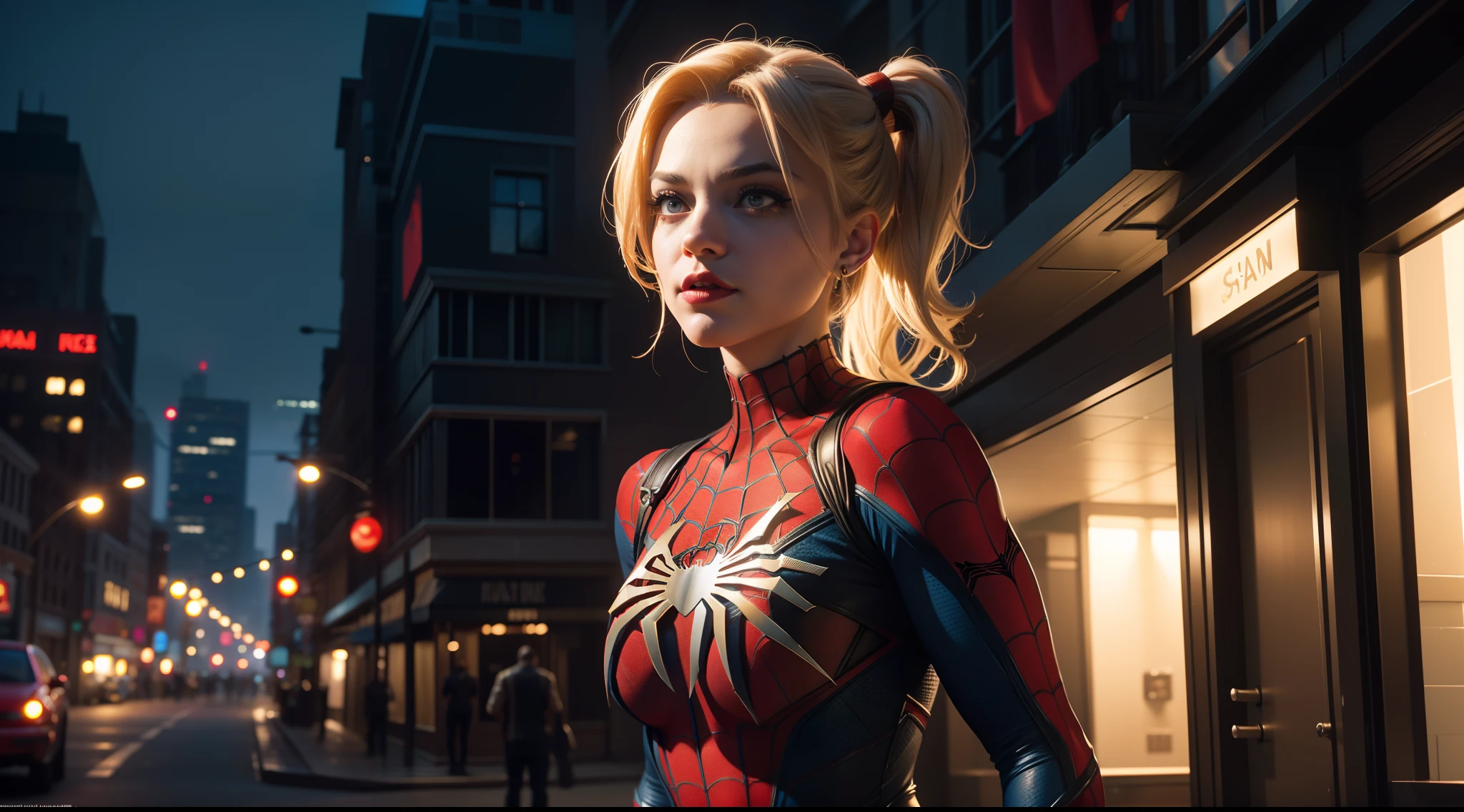 Harley Quinn (tetas grandes, Spider-Man-themed costume mix) от DC Comics, CGI with clear focus, Photorealistic, high detail, Realistic, Masterpiece, absurdress, Best Quality, HDR, hiquality, hight resolution, Extremely detailed, 8k wallpaper, intricate details, 8K UHD, Full-HD, (foto realista:1.2), Contrast, sharp lighting, Cinematic lighting, natural lighting, hard light, Backlighting, Global Illumination, Environment Occlusion
