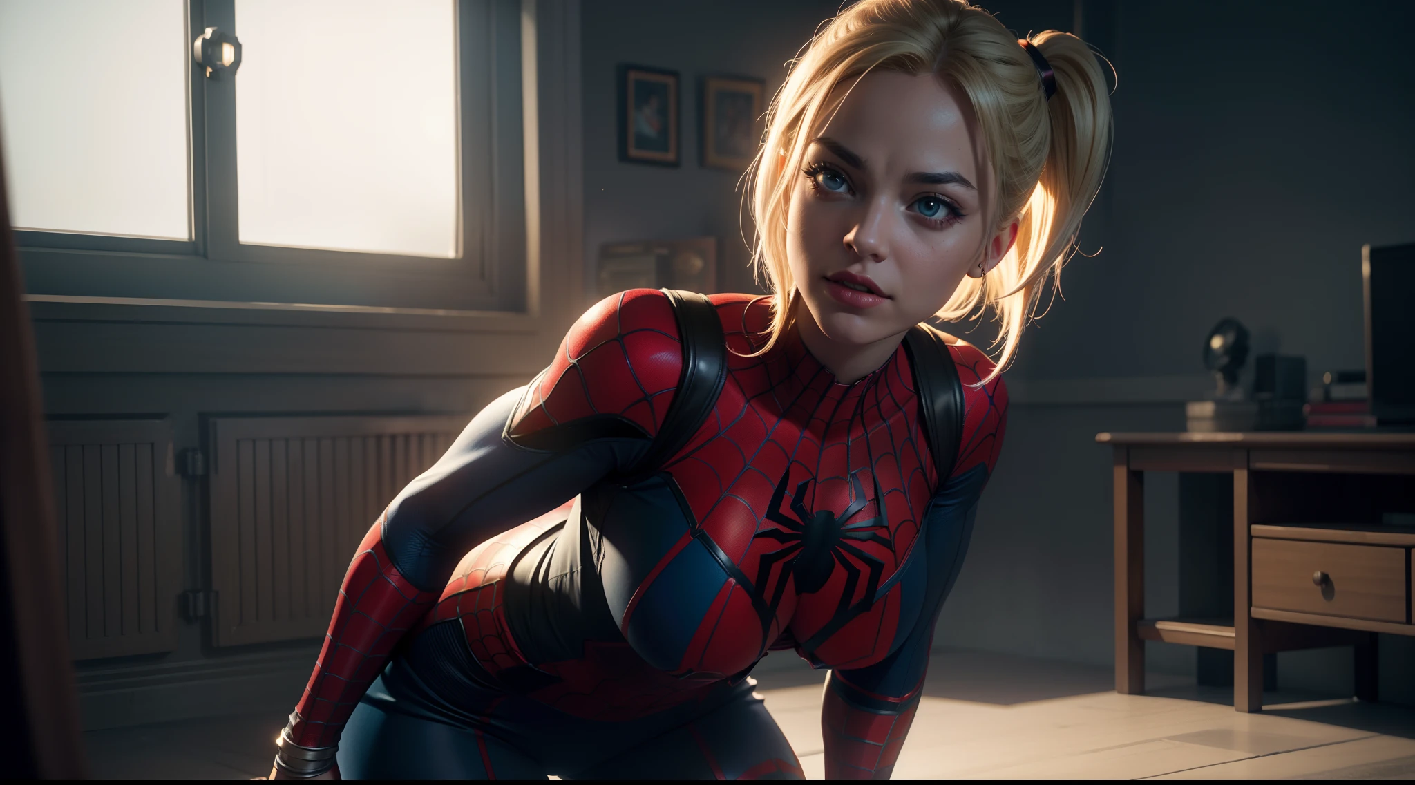 Harley Quinn (tetas grandes, Spider-Man-themed costume mix) от DC Comics, CGI with clear focus, Photorealistic, high detail, Realistic, Masterpiece, absurdress, Best Quality, HDR, hiquality, hight resolution, Extremely detailed, 8k wallpaper, intricate details, 8K UHD, Full-HD, (foto realista:1.2), Contrast, sharp lighting, Cinematic lighting, natural lighting, hard light, Backlighting, Global Illumination, Environment Occlusion