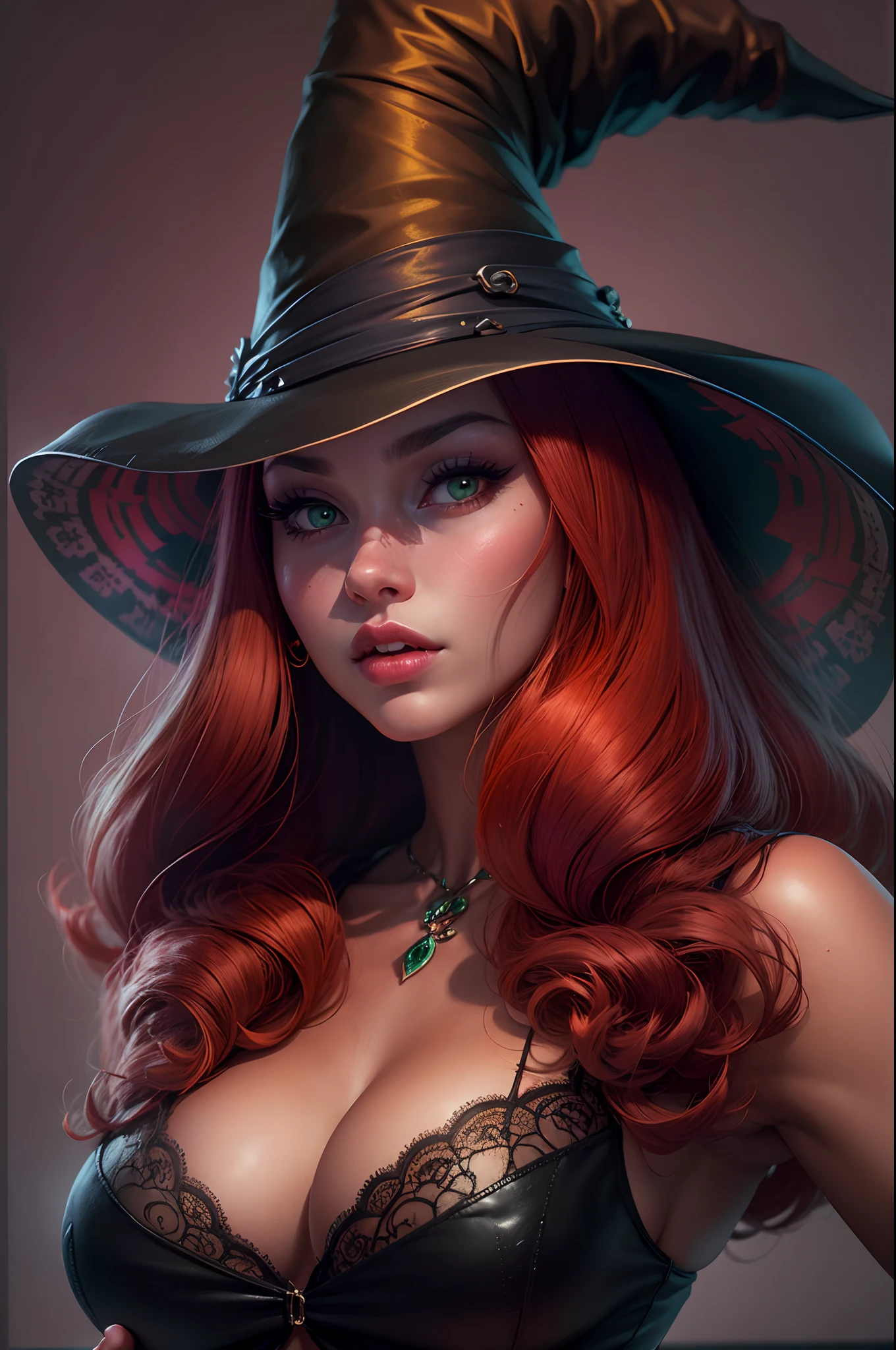 Jessica Rabbit, Photorealistic,beautiful detail eyes, detailed lips, red hair, Green eyes, Gorgeous seduces in a witch costume, Witch's Hat, Naked Huge breasts, Cat on the shoulder, pumpkin, Halloween atmosphere. Dark gray background and studio lighting, Yearbook Pose, character close up, Portrait of a character in the head, character close up.