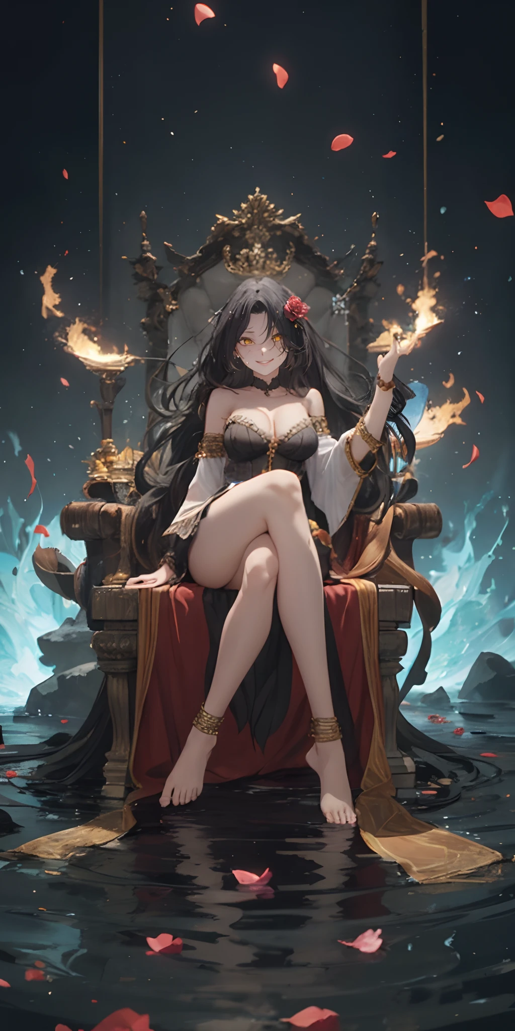 dominique_de_sade, (black hair, long hair, brown eyes:1.4), , forehead,breasts, jewelry, 1girl, black_hair, long_hair, solo, anklet, sitting, cleavage, detached_sleeves, barefoot, bare_shoulders, bracelet, water, large_breasts, looking_at_viewer, smile, dress, hair_ornament, magic, fire, flower, very_long_hair, full_body, mole, wide_sleeves, bangs, feet, medium_breasts, thighs, petals, crossed_legs