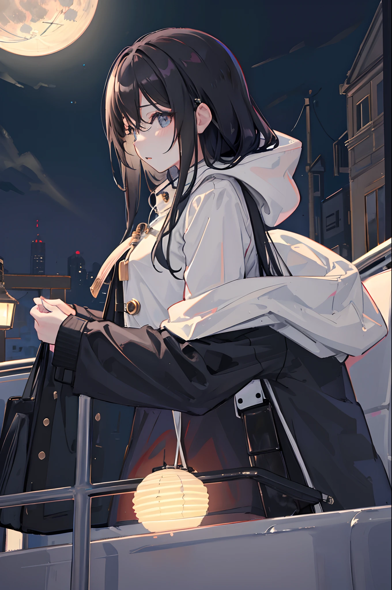 (masuter piece、side lights、ultra-detailliert、inely detailed beautiful eyes: 1.2)、1girl in、bags、buliding、From Side、headphones、hoods、Hood down、hooded jacket、parka、jaket、long、Black hair、profile、A dark-haired、独奏、Train、inside of a car、The upper part of the body、masterpiece、top-quality、natta、nighttime scene、Moon Night