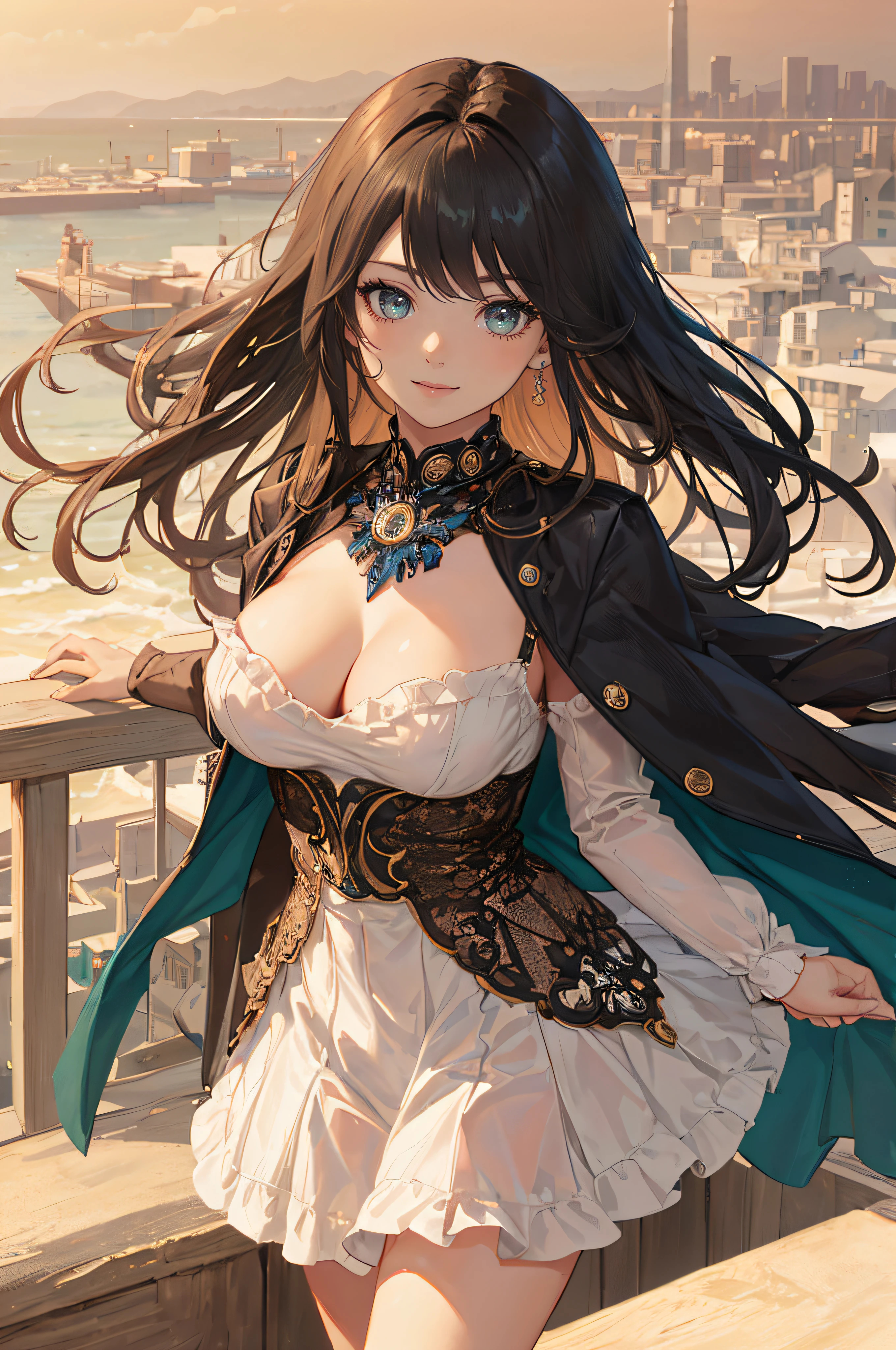 ((A beautiful and cute woman is standing on the terrace)), ((20-year-old beauty)), ((charming smile)), ((shiny long hair)), ((miniskirt)), (( Rich bust)), ((gradient eyes)), ((background is city with sea view)), attractive makeup, single view, NFFSW, UHD, retina, masterpiece, accurate, anatomical, scientifically correct, textured skin, super detail, high detail, high quality, award winning, top quality, high resolution, 1080P, HD, 4K, 8k, 16k