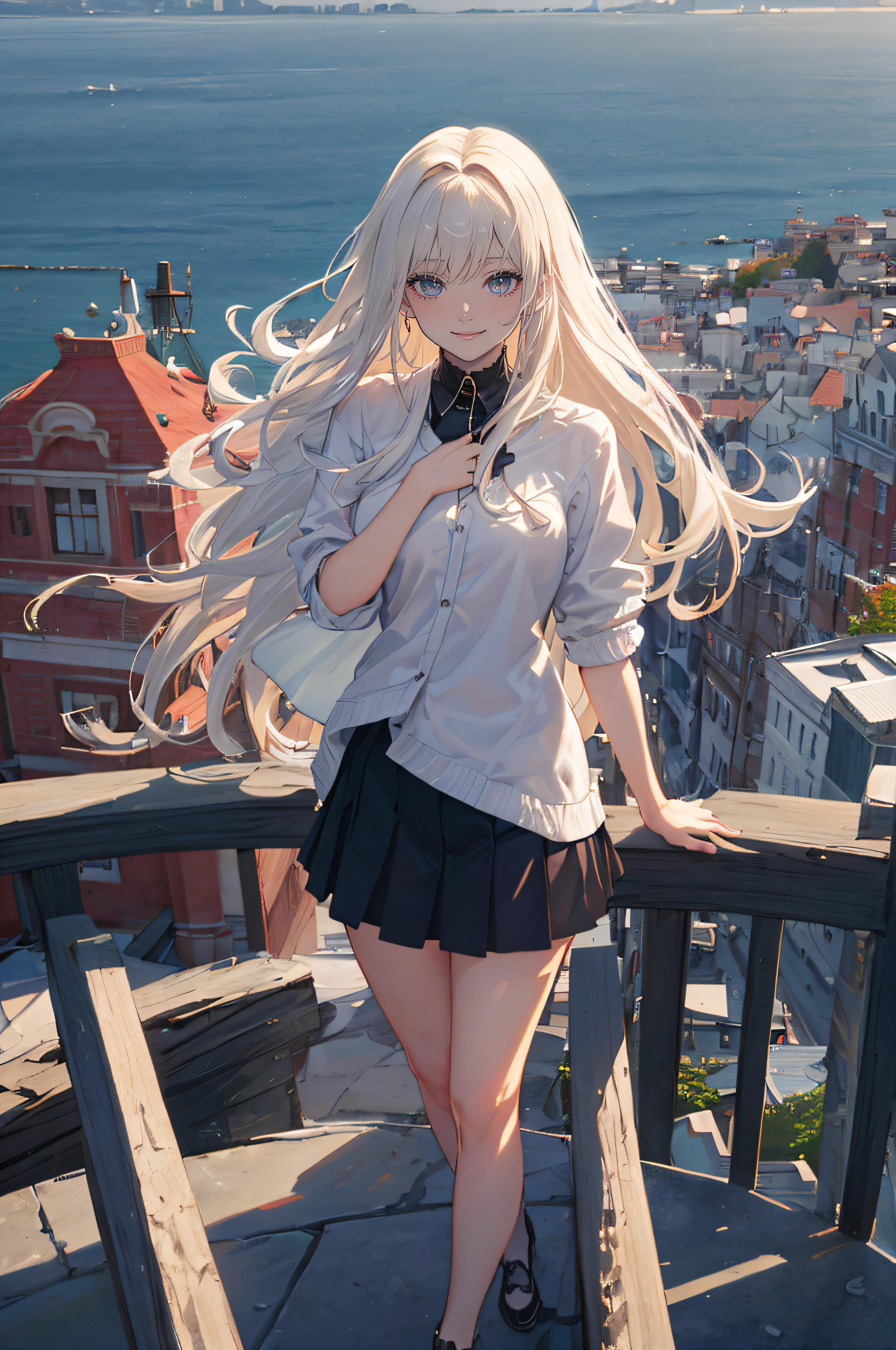 ((A beautiful and cute woman is standing on the terrace)), ((20-year-old beauty)), ((charming smile)), ((shiny long hair)), ((miniskirt)), (( Rich bust)), ((gradient eyes)), ((background is city with sea view)), attractive makeup, single view, NFFSW, UHD, retina, masterpiece, accurate, anatomical, scientifically correct, textured skin, super detail, high detail, high quality, award winning, top quality, high resolution, 1080P, HD, 4K, 8k, 16k
