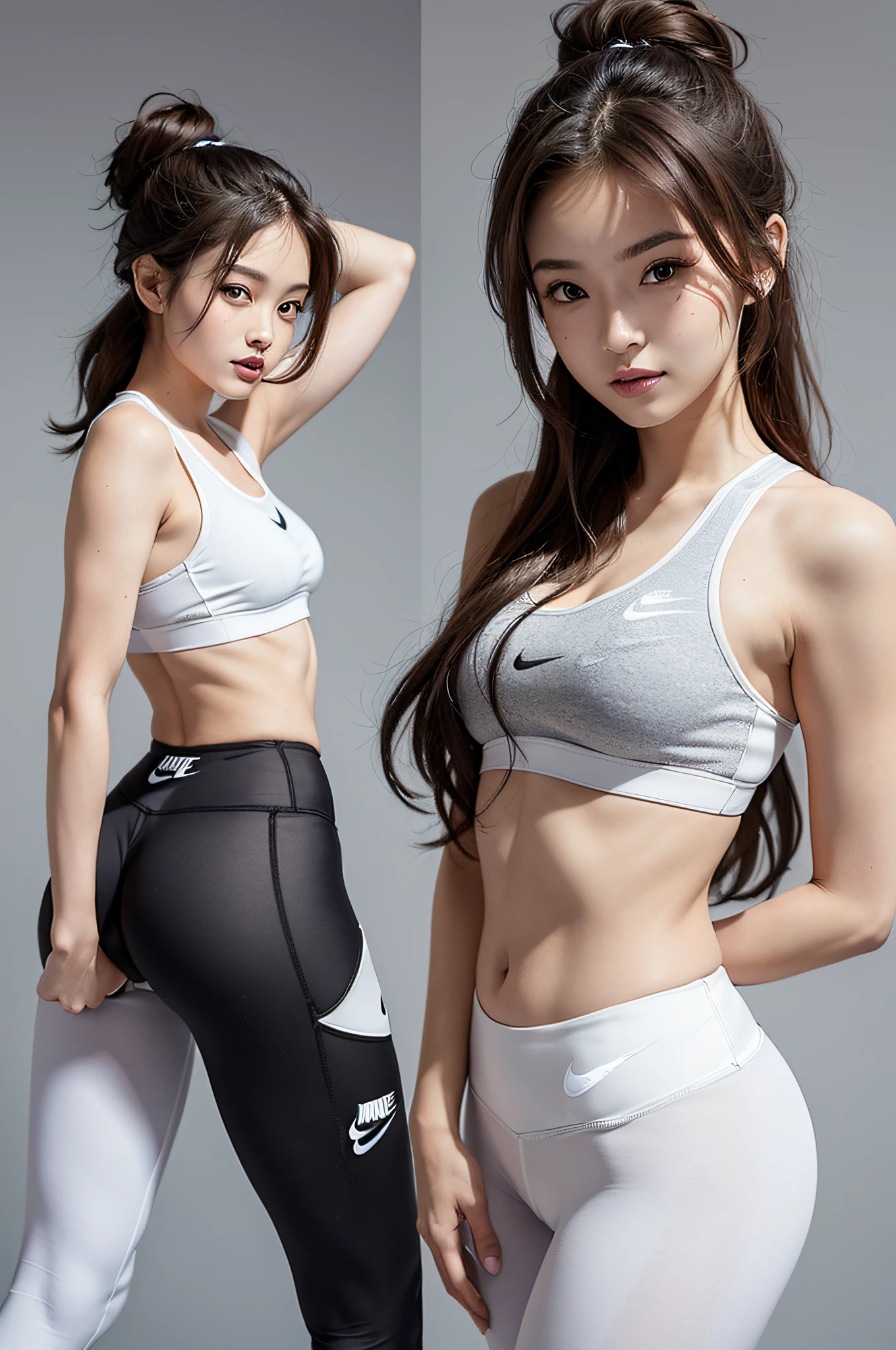 (masterpiece:1.3),a picture, 20 year old sweet girl, ((Sportsbra, Sports Leggings, (Nike Logo))), Beautiful thin legs, bare-legged, With bare hands, attractive beautiful face, 二重まぶた, Beautiful detailed eyes, long eyeslashes, (A smile: 1.15), is looking at the camera, bounce, Sexy shots, dynamic dancing, Whole body, ligh brown hair, Wavy hair up to the shoulders, Attractive body with soft curvaceous beauty, Bold sexy poses, perfect anatomia, The ultra-detailliert, 8K