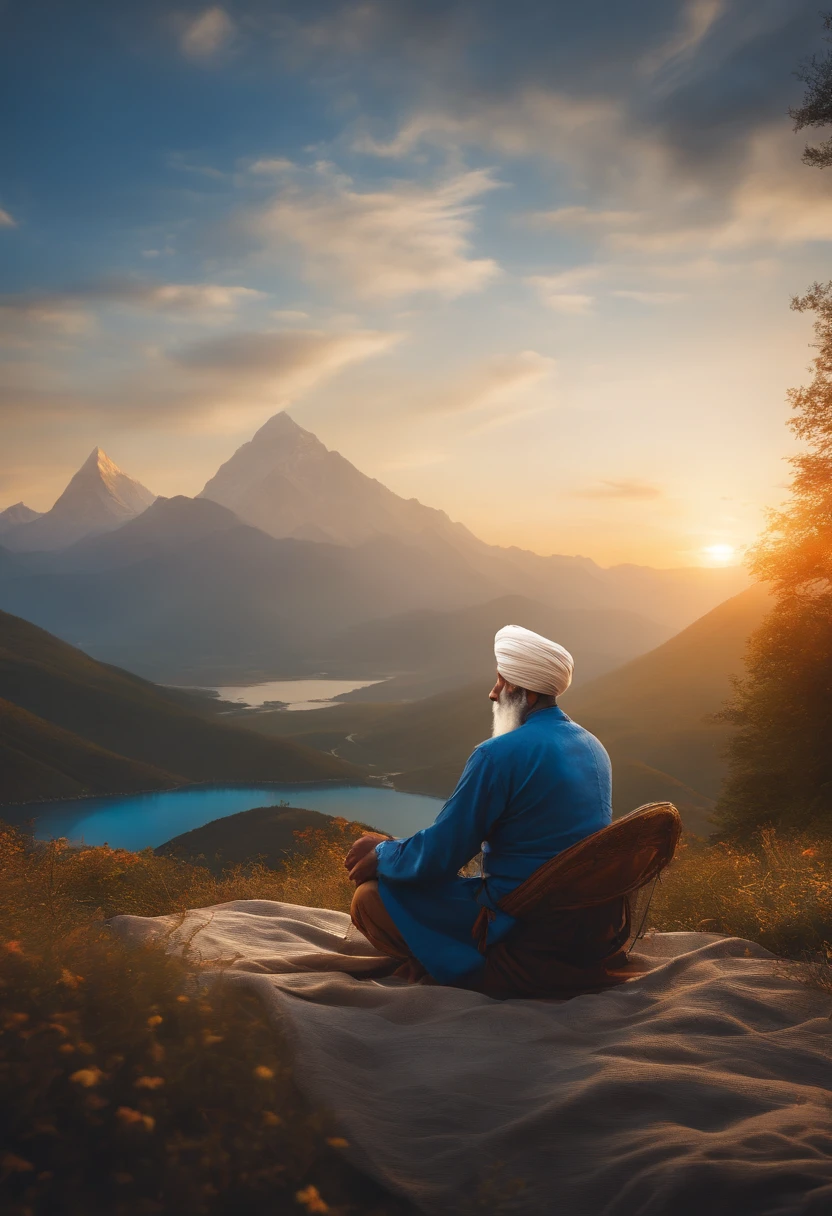 best quality, masterpiece, very detailed, detailed background, anime, 1 old Sardar turban man , long white beard, character taking up 1/10 of the frame, hands down, white punjabi kurta, blue denim trousers, Mount everest, outdoor, sunset, beautiful sky, picnic on lake, landscape, landscape, horizon, mountain sitting near mountains, wind, petals, looking away, atmospheric lighting, focus alone, close up, back, depth of field, bokeh