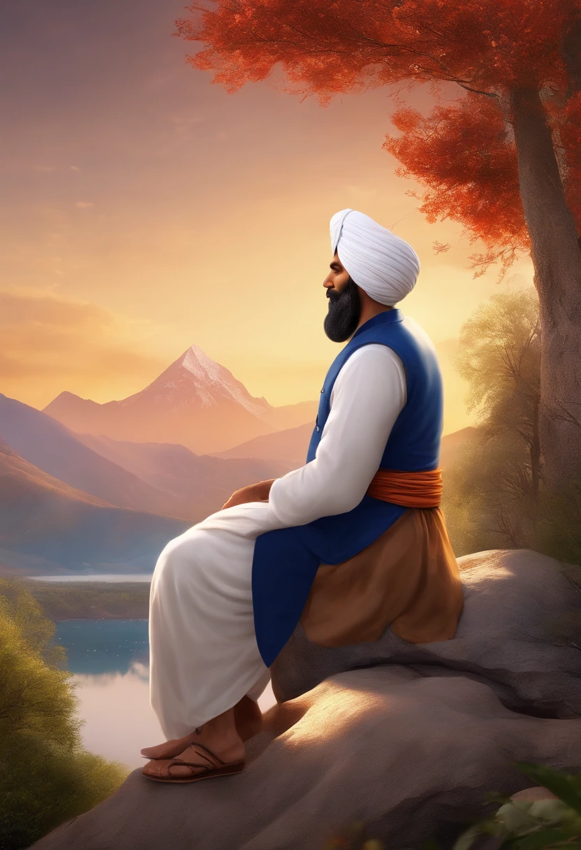 best quality, masterpiece, very detailed, detailed background, anime, 1 old Sardar turban man , long white beard, character taking up 1/10 of the frame, hands down, white punjabi kurta, blue denim trousers, Mount everest, outdoor, sunset, beautiful sky, picnic on lake, landscape, landscape, horizon, mountain sitting near mountains, wind, petals, looking away, atmospheric lighting, focus alone, close up, back, depth of field, bokeh