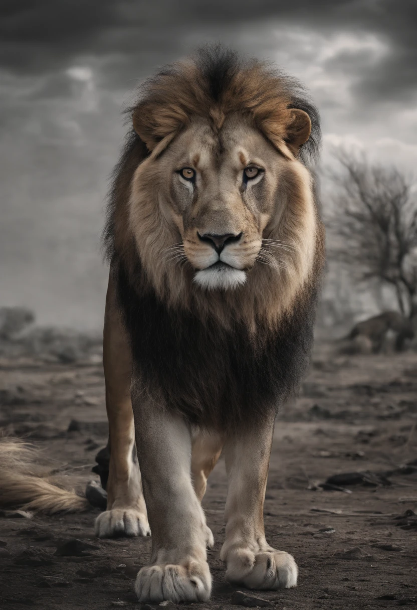 Photo avec un Canon R5, 50 mm, DSLR, A lion whose left half is alive, majestueuse et puissante, while the right half is broken down, squelettique et effrayante, avec des yeux vides et un environnement sombre et orageux pour accentuer l'ambiance terrifiante --v 5 --ar 16:9 --s 750 --no camera