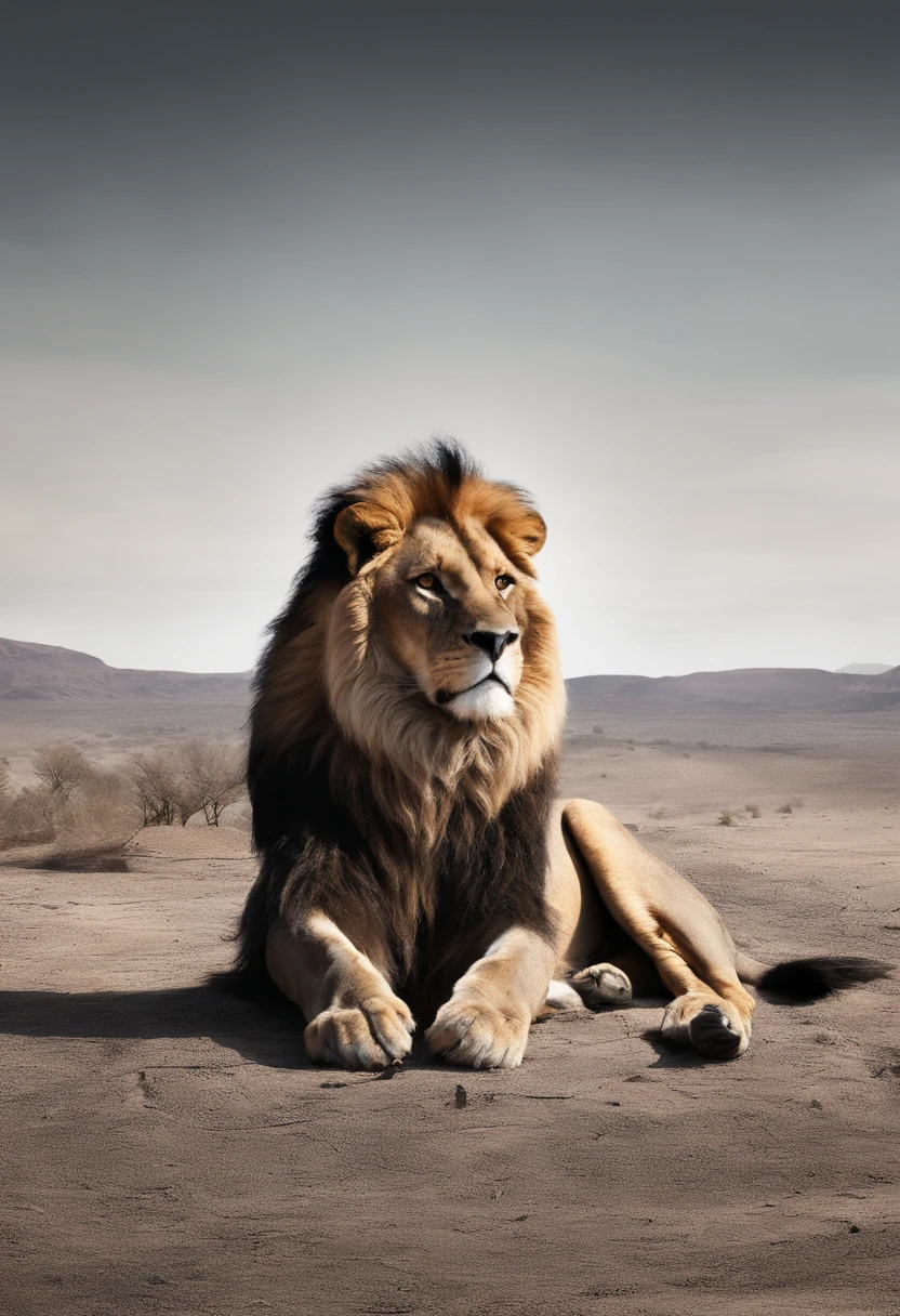 Photo avec un Canon R5, 50 mm, DSLR, A lion whose left half is alive, majestueuse et puissante, while the right half is broken down, squelettique et effrayante, avec des yeux vides et un environnement sombre et orageux pour accentuer l'ambiance terrifiante --v 5 --ar 16:9 --s 750 --no camera