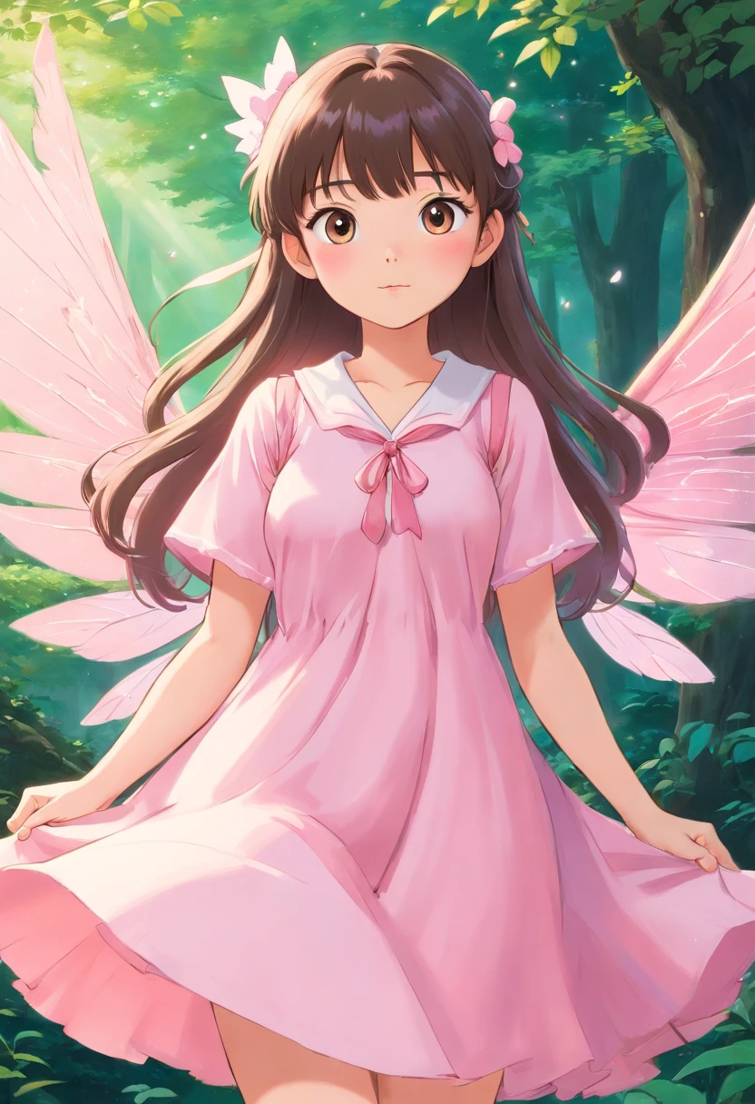Asian fairy with long, straight hair with bangs, baby pink fairy wings and baby pink dress