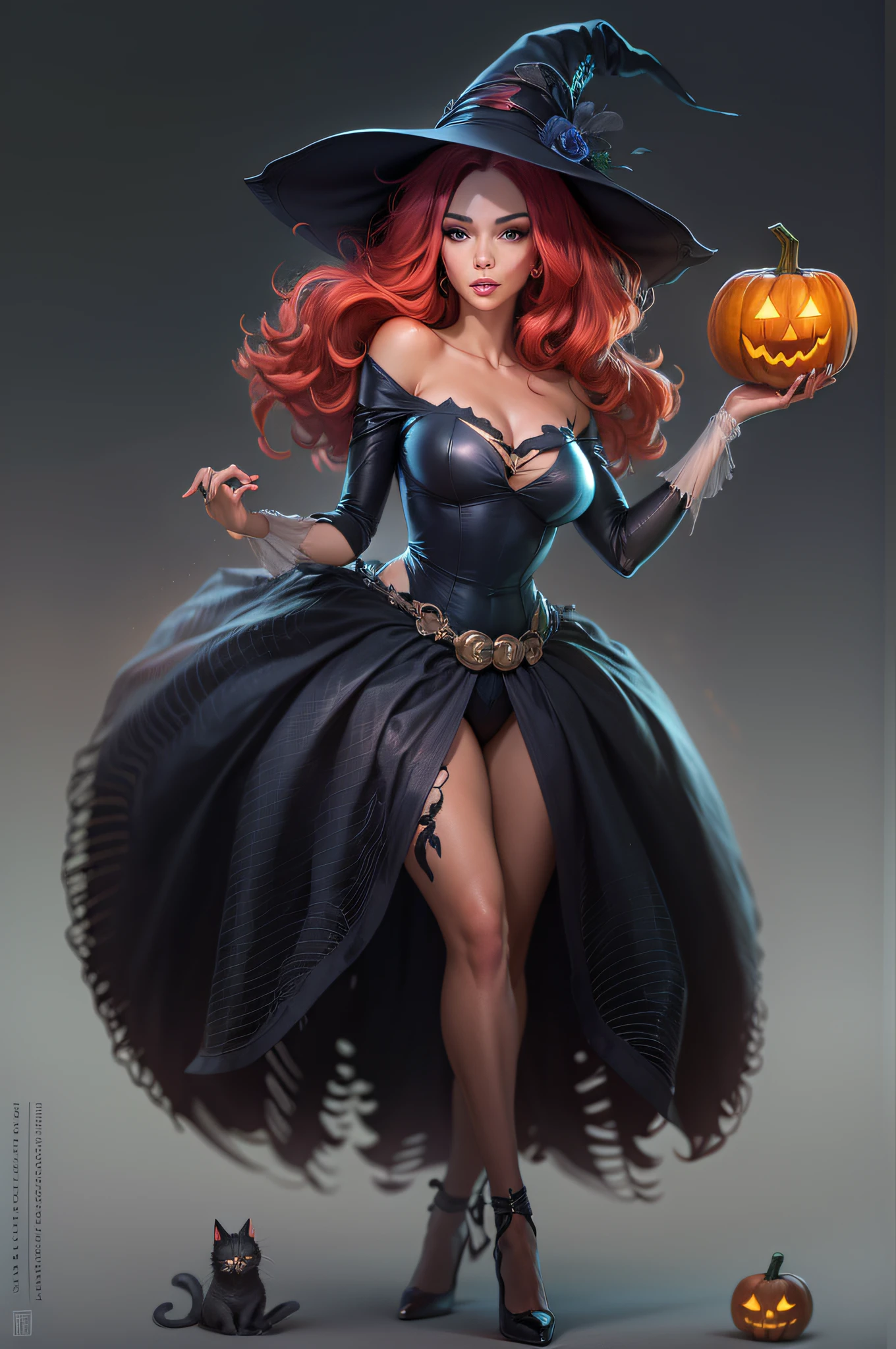 Jessica Rabbit, Photorealistic,beautiful detail eyes, detailed lips, red hair, Green eyes, Gorgeous seduces in a witch costume, Witch's Hat, Naked Huge breasts, Cat on the shoulder, pumpkin, Halloween atmosphere. Dark gray background and studio lighting, Yearbook Pose, character close up, Portrait of a character in the head, character close up.