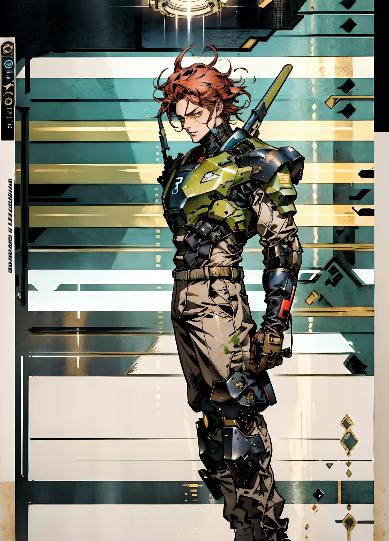 A man with short red-gold hair, hair slicked back, thick and disheveled hair, a cold and ruthless gaze, a confident expression, wears a two-piece futuristic military-style uniform, primarily in shades of white and red, accented by touches of yellow, streamlined wristguard gloves, matching trousers, he stands in a futuristic sci-fi-style hangar housing a colossal mech, stands within a futuristic sci-fi hangar, where a colossal mech is stationed, this character embodies a finely crafted futuristic military officer in anime style, characterized by an exquisite and mature manga illustration art style, high definition, best quality, highres, ultra-detailed, ultra-fine painting, extremely delicate, professional, anatomically correct, symmetrical face, extremely detailed eyes and face, high quality eyes, creativity, RAW photo, UHD, 8k, Natural light, cinematic lighting, masterpiece:1.5