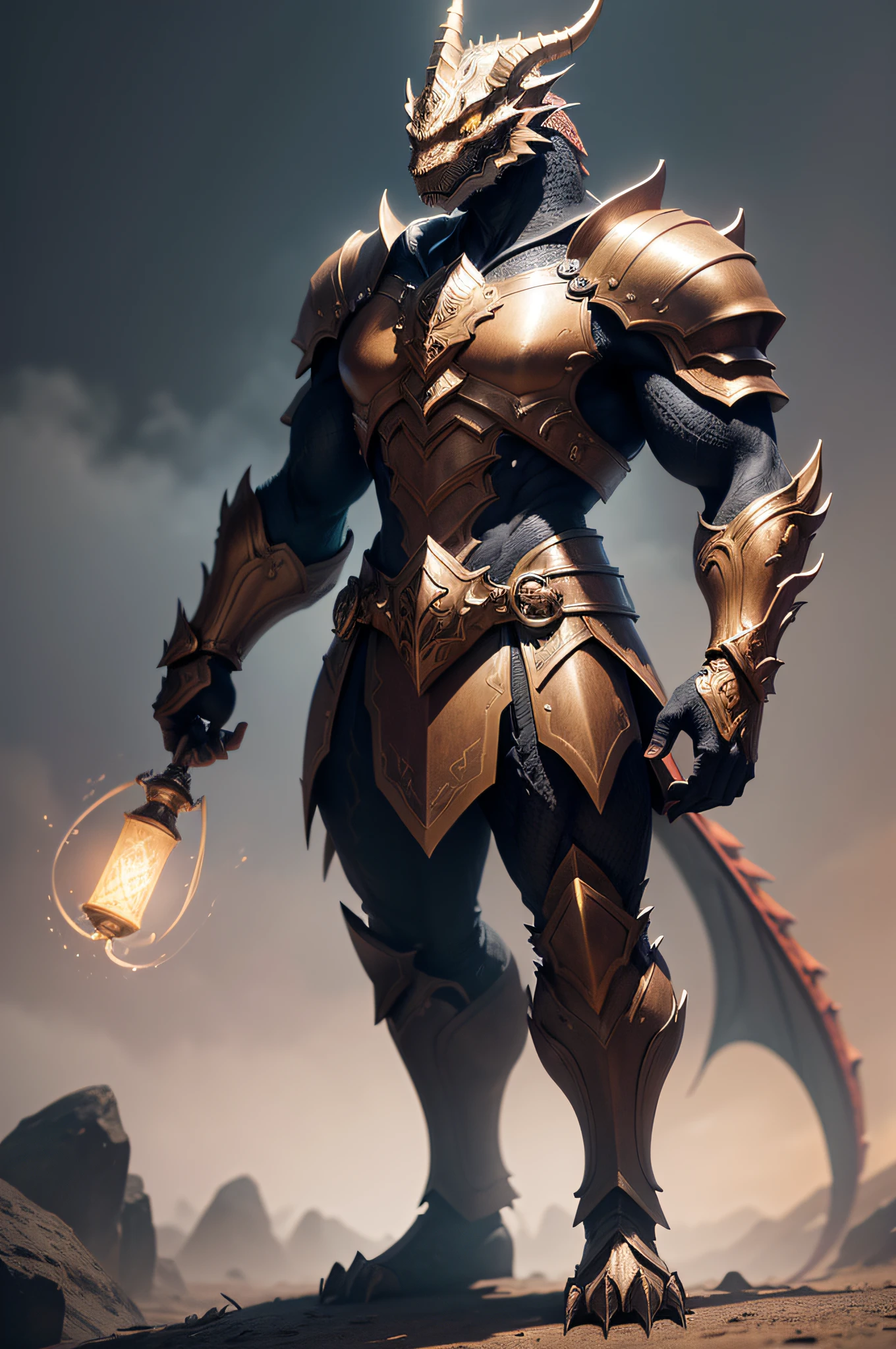 hands with claws, Inspiring image of dragon guide, Dragon head man,standing on her feet, Hold the flashlight with one hand, Vestindo armadura dourada e preta, Arte de Fantasia, High detail, Cinematic lighting, deus luz, hiper HD, A high resolution, corpo inteiro, Armadura de bronze