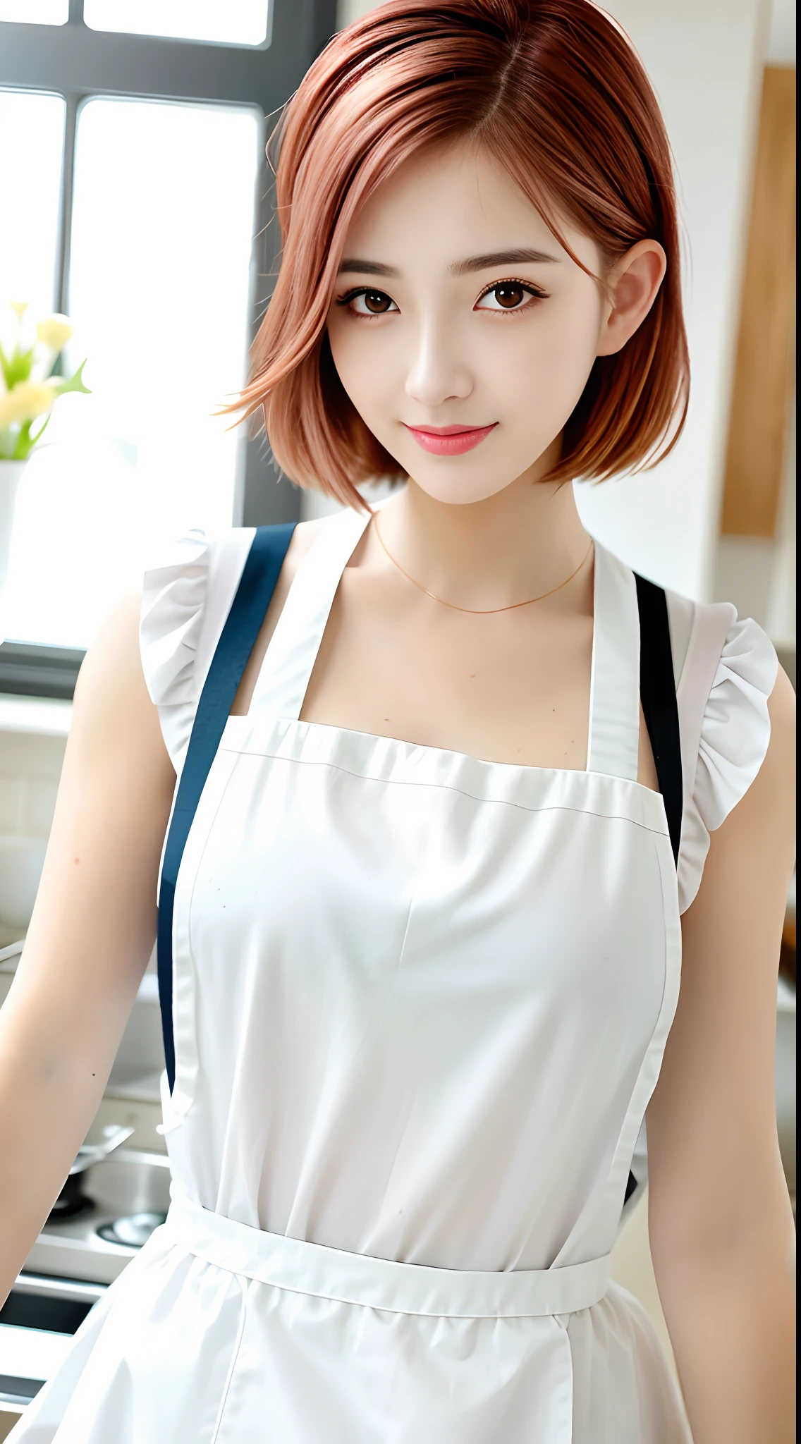 Close-up portrait of a playful maid, undercut hair, Natural, aprons, amazing body, pronounced feminine features, Kitchen, [Ash Blonde | Ginger | Pink hair], freckle, Flirting with camera