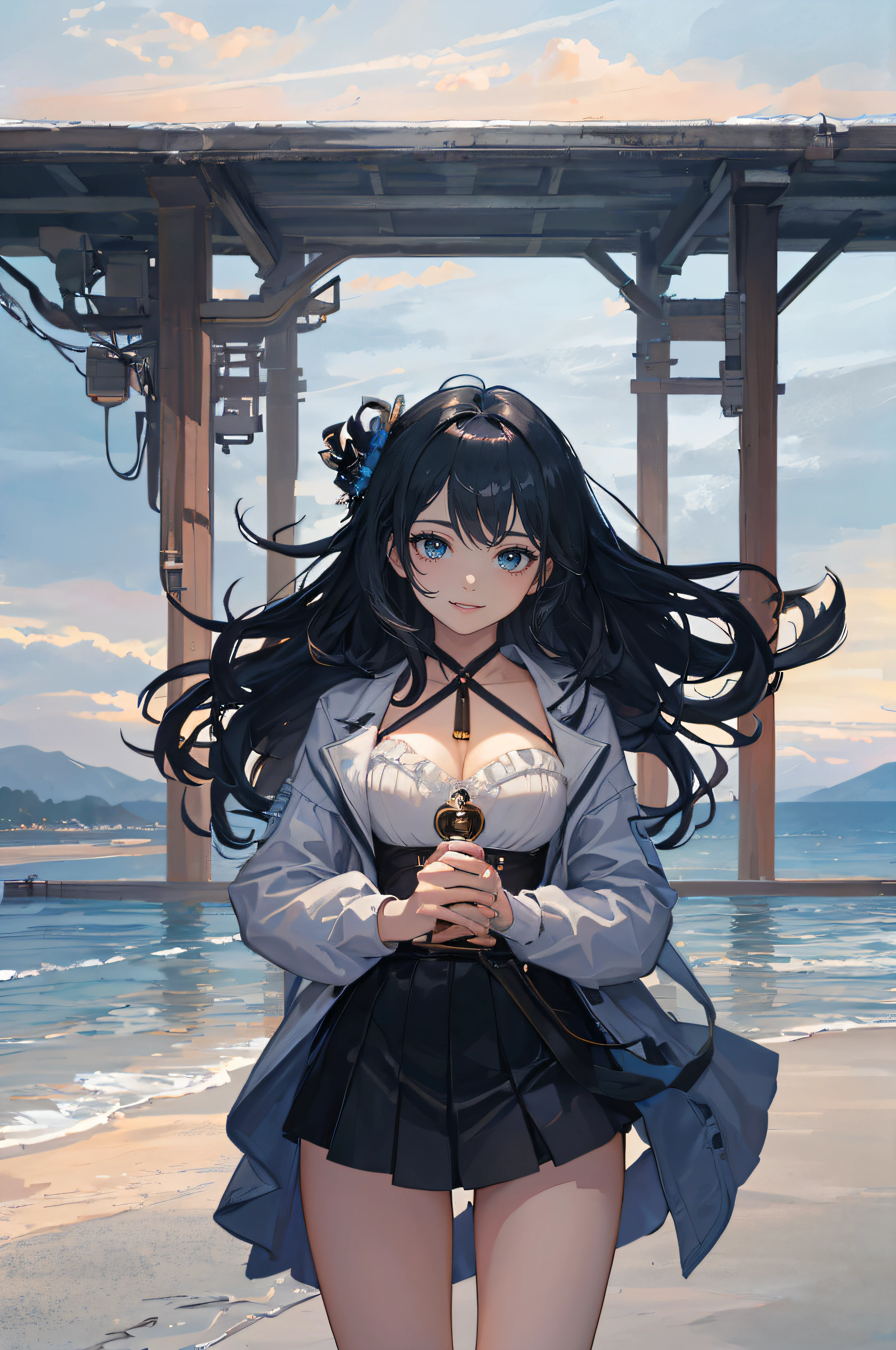 ((A beautiful and cute woman is standing on the terrace)), ((20-year-old beauty)), ((charming smile)), ((shiny long hair)), ((miniskirt)), (( Rich bust)), ((gradient eyes)), ((background is city with sea view)), attractive makeup, single view, NFFSW, UHD, retina, masterpiece, accurate, anatomical, scientifically correct, textured skin, super detail, high detail, high quality, award winning, top quality, high resolution, 1080P, HD, 4K, 8k, 16k
