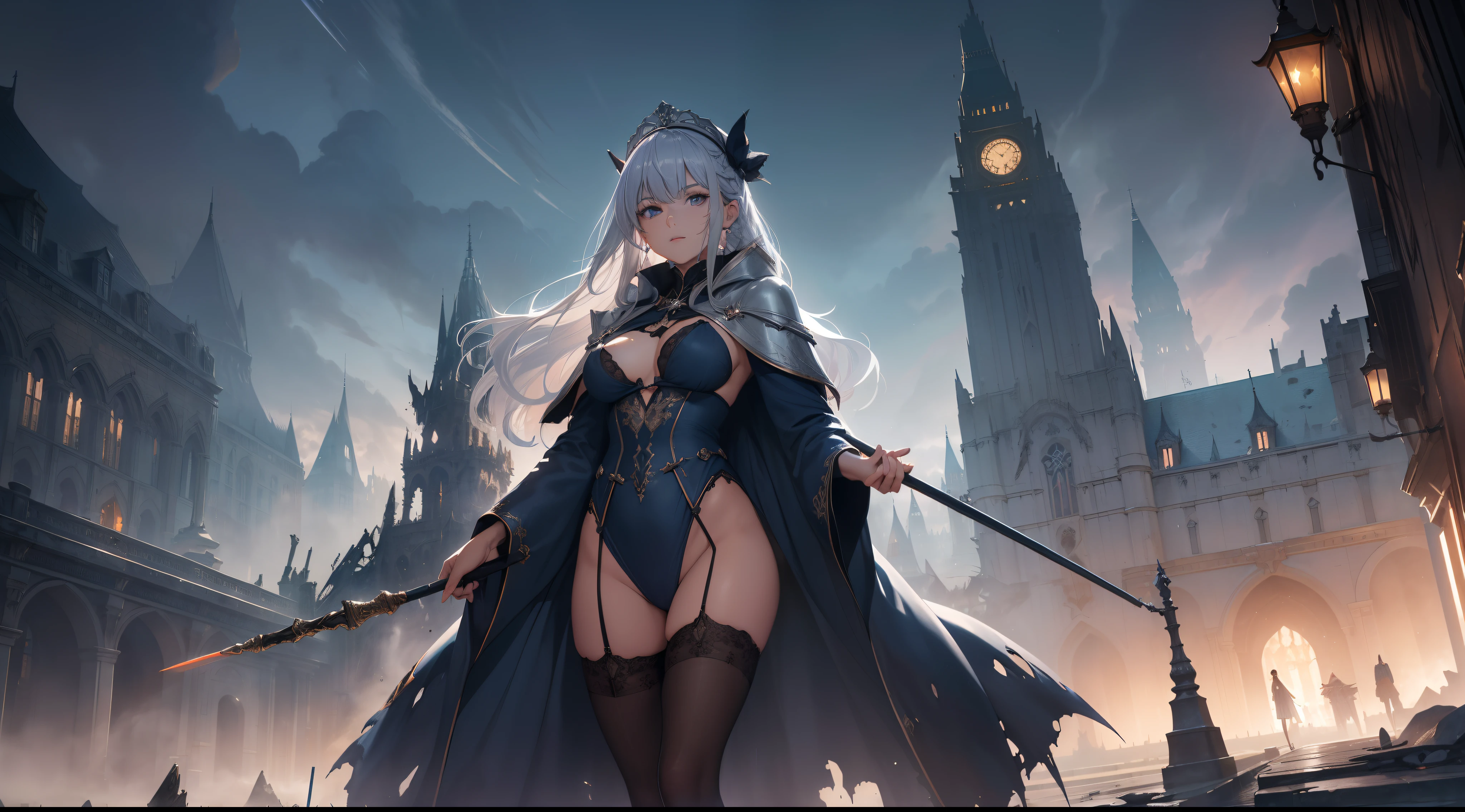 masterpiece, ultra detailed, 8k portrait, RAW photo, highly detailed, Ambient lighting, Shadow details, medieval fantasy, world of swords and magic, strong breeze, Light fog, Destroyed Stone buildings, well-ordered cobblestone walkways, central plaza, Destroyed temples, Destroyed stalls, Destroyed flower beds, and the royal castle at the end of the main street, (((((Destroyed cityscape))))), (((guillotine inthe central plaza))), ((Visibility is poor due to drizzling rain)), (((((public execution))))), beautiful and meticulous eyes, ((Fantasy)), Young beautiful, 22 years old, dynamic pose, (((expressionless))), (((blue gray colored hair))), ((one side braided with orange hair ribbon))), blunt bangs, White skin color, ((silver tiara)), Luxury, (((silver Silk Long Cloak))), (((Gorgeous Deep blue long robe))), (((dark thigh high tights))), high cut leather boots, ((lift up long magical staff)), Midday Sun, hyper realistic, Body model, Small breasts, Beautiful breasts, Long legs,