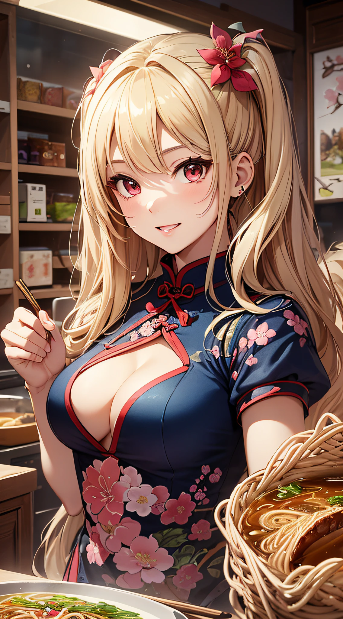 top-quality、Top image quality、masterpiece、girl with((18year old、Blue cheongsam、Best Bust、Bust 90、Blonde twintails、Red Eyes、open chest wide、Valley、Happiness、A slender、ssmile,fighting poses、Cherry Blossom Hair Ornament))hiquality、Beautiful Art、Background with((Beautiful ramen shop))、masutepiece、Elaborate design、visualart、