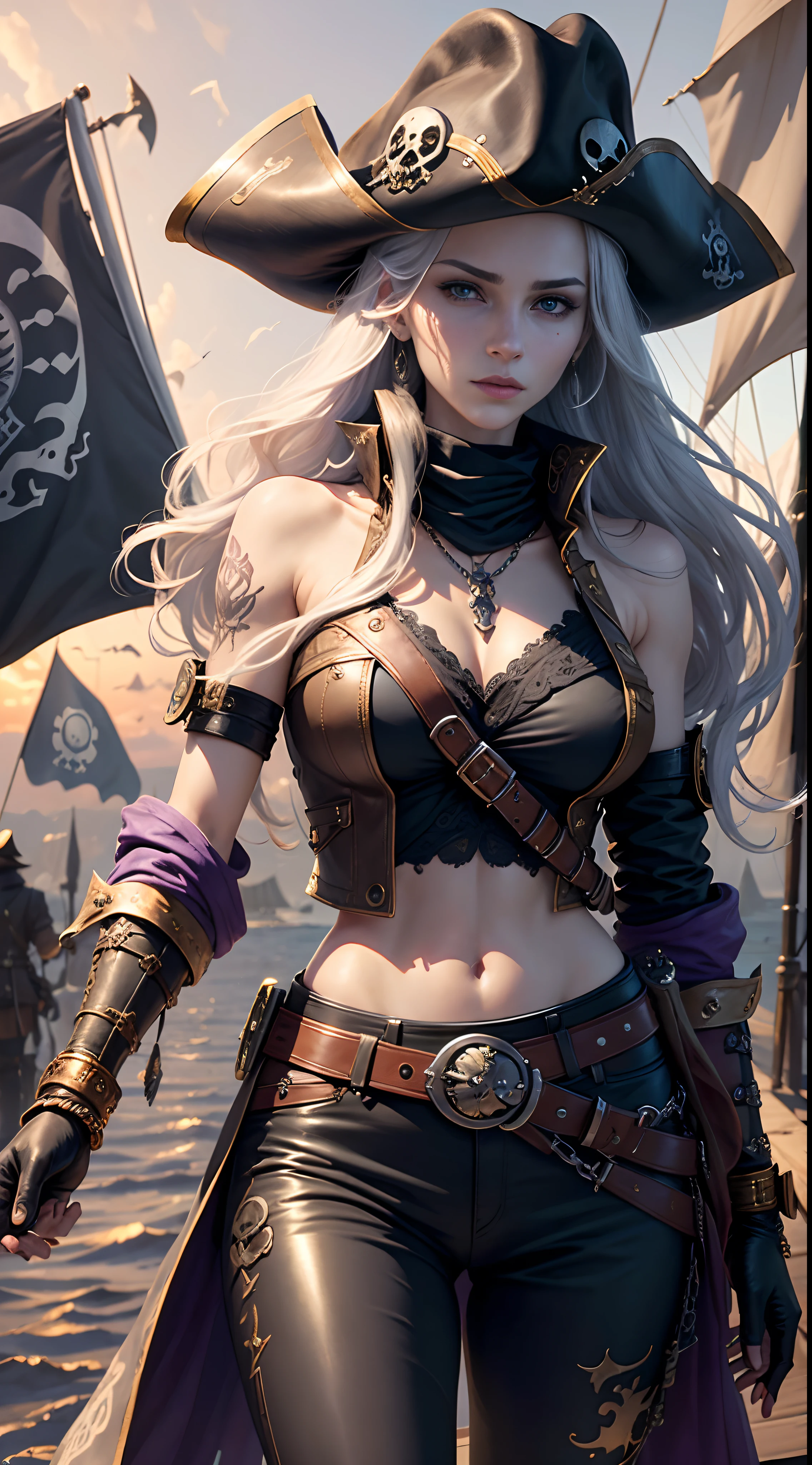 full bodyesbian, Top quality, Intricate details , (Fine skin, Shiny skin, Shiny hair, Pale complexion), Purple sky, golden time, Sunset, Sail ships, Pirate ship, ((Skull mark on flag)), Ambitious, Seductive Woman, Gray hair, Long hair, Hair fluttering in the wind, scar on the cheek, detailed tattoos, Leather clothes, Sleeveless clothes, Leathercoat, Leather gloves, Solid gold bracelet, leather pant, Black trousers, Pirate hat , A hat with a skull marker, (Leather belt), Look far away