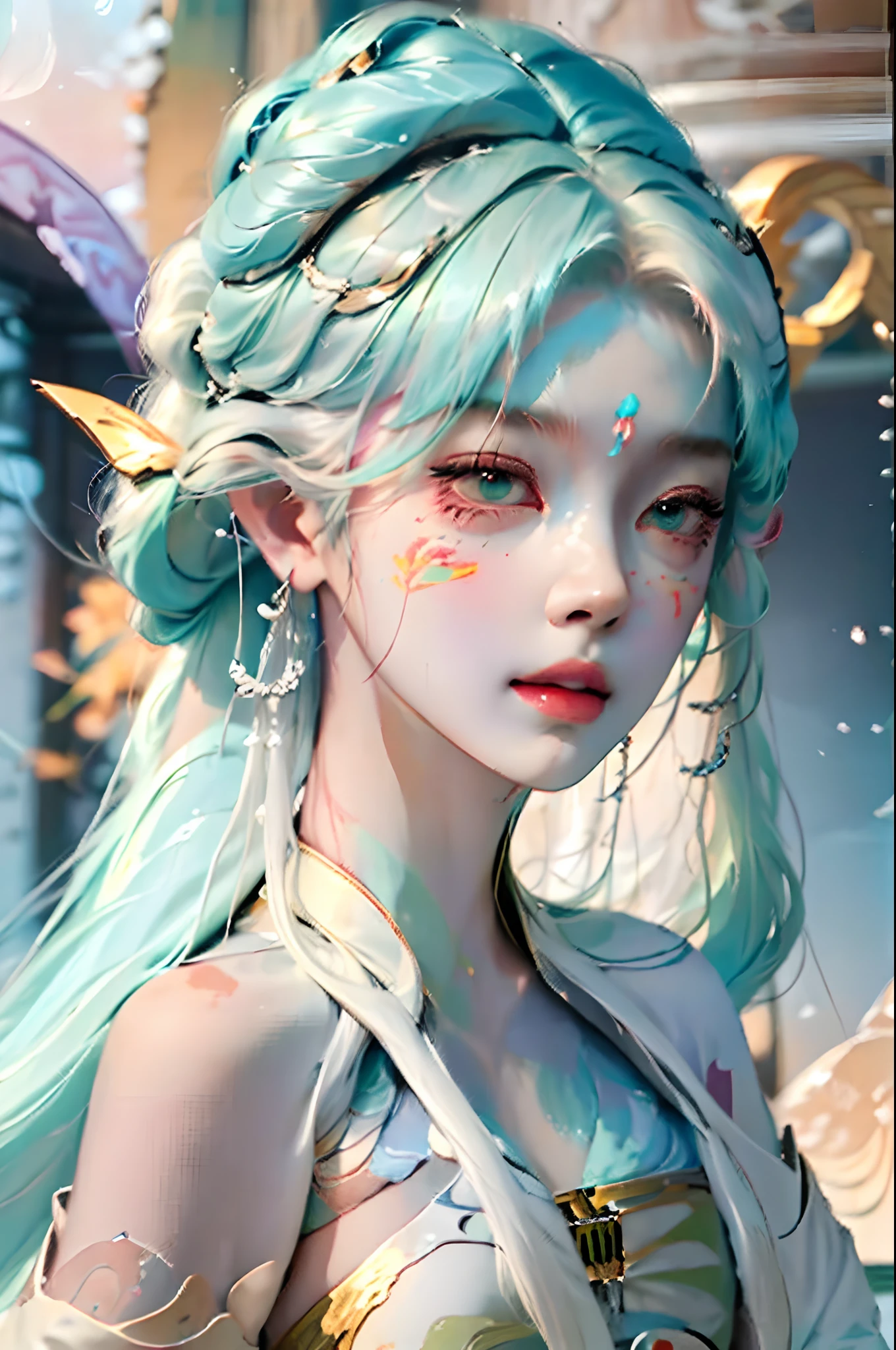 (Masterpiece, Best quality, high resolution), Lotus background, ((paint splatter, colored splashing, Splash of Ink, colored splashing)), (Rainbow hair)),largeeyes,Wide eyes,(Eye focus),sface focus,Cosmic eyes,Space eyes,Full body photo,closeup of face,Face shot,a beautiful female,messy hair,s girl,Symmetrical bun,hair adornments,jewelry,The face is delicate,(Harnes:1.5),(High slit lower skirt 1.7),(Lots of patterns:1.5),Crop topping,showing belly,Dunhuang style,Lots of streamers,Fine fine skin,Soft light effects,Delicate and smooth hair,exquisite detailing,Eye highlights,Fair skin,Fine portrayal,Ultimate detail,Cinematic quality,being thin,slenderness,Fragmentation,hair detail,Thin bangs,Shawl hair,Correct bodies,shadowing,Air bangs,8K,Super meticulous,Fine fabric texture,softness,complaisant,Smooth texture,((((((Dunhuang style)))))),Delicate pattern,Correct hand drawing,pureerosface_v1,ulzzang-6500-v1.1,