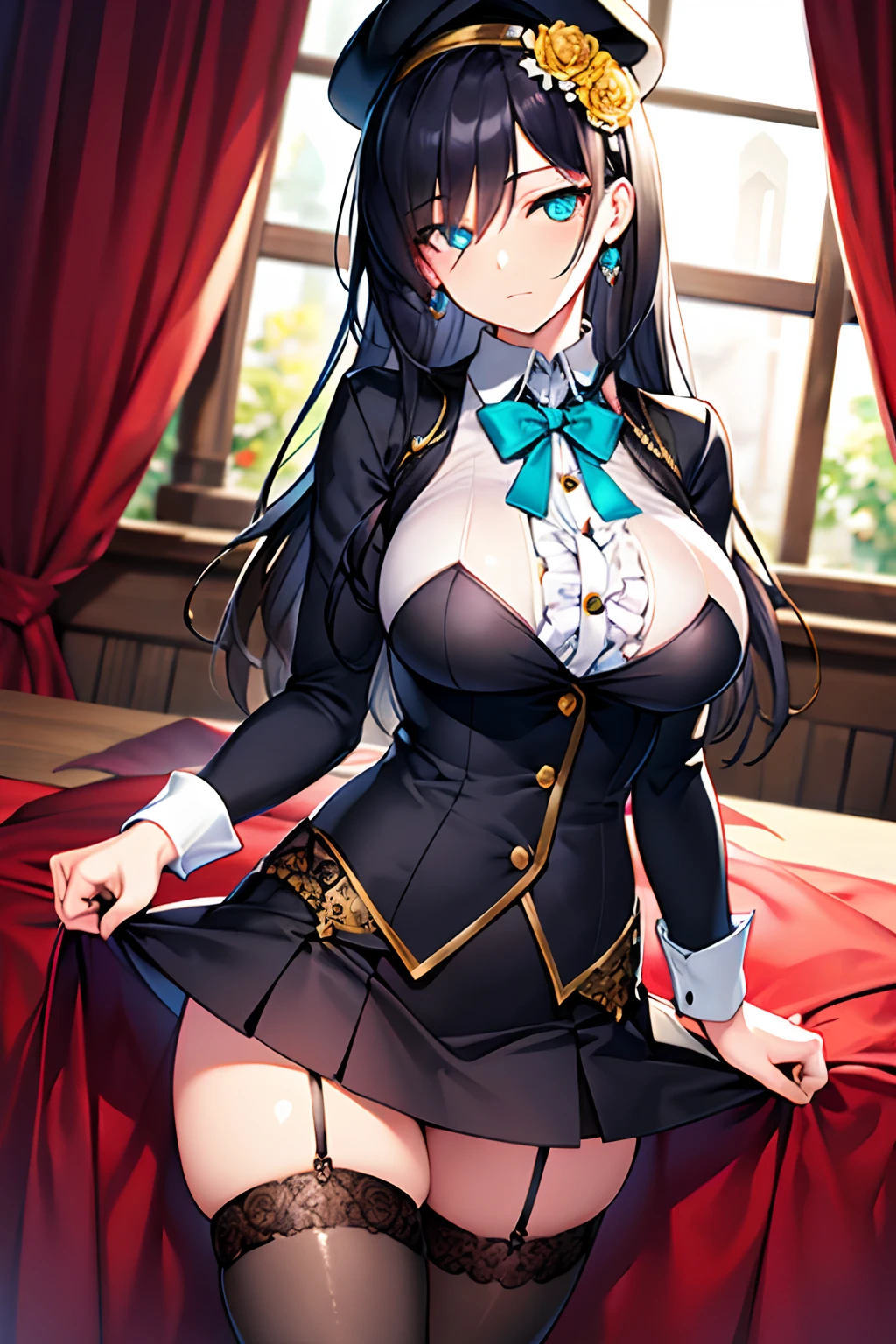 Highly detailed and realistic CG, Colorful , Masterpiece, Best Quality, 1girl, solo, black hat, gothic, long sleeves, collared shirt, frill, buttons, aqua flower, jewel, skirt, aqua ribbon, thigh highs, gothic school uniform, jewel-like eyes, amber eyes, black hair, shiny hair, shiny skin, skinny legs, (frown:1.1), (jig eyes:1.5), hollow eyes, half-closed eyes, big breasts,