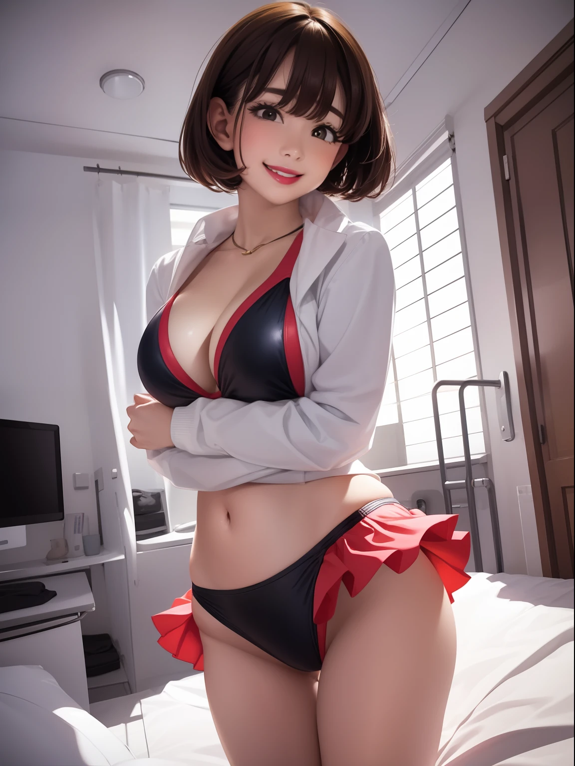 Spread legs、m-legs,Whole body、competition swim suit, onepiece swimsuit, Latex,、Bob Hair、red lipsticks、a miniskirt、Full smile、Lift the hem of the skirt、Hospital bed,irrumatio,