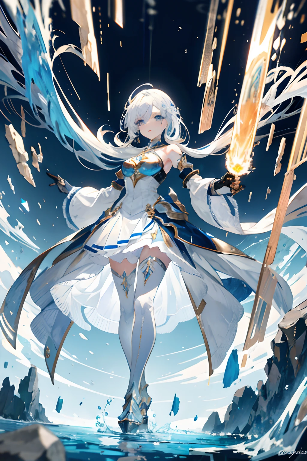 (masterpiece), (best quality), one girl, fire sparks, long hair, white hair with blue accent line, blue eyes, blue hair tie, white detached sleeves, feet armor, high heels, white skirt, white patterned black stockings, water splash, flying chunks of rocks, dust, blue sky, clouds, extremely high details, blue dress, knightly attire, knightess, fire bending, water bending, shining eyes, gold ornaments, fantasy breastplate, light armor, ornamental feet armor, bare shoulder, standing