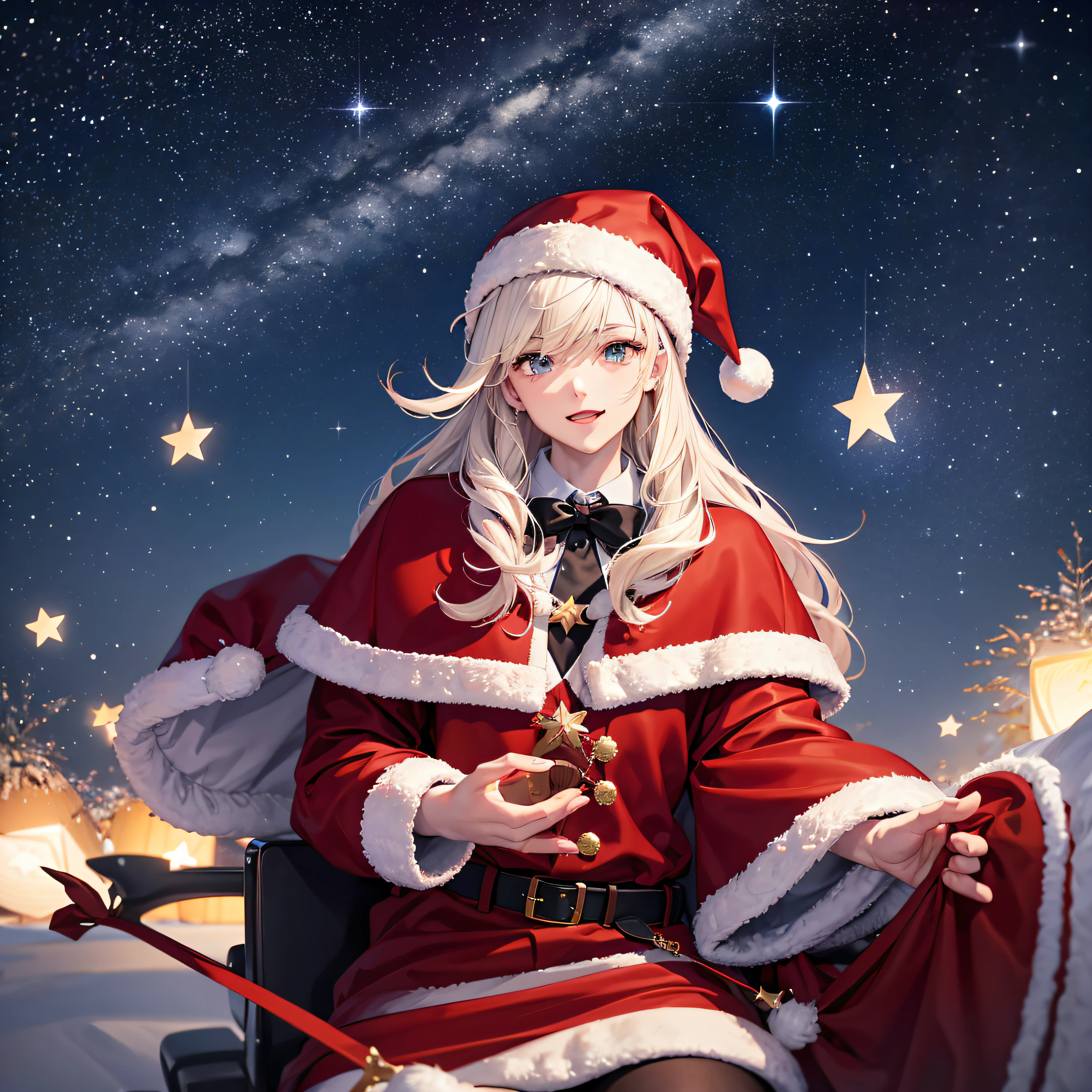 Starry Night with Santa: A clear, starlit night with Santa flying across the sky in his sleigh pulled by reindeer.