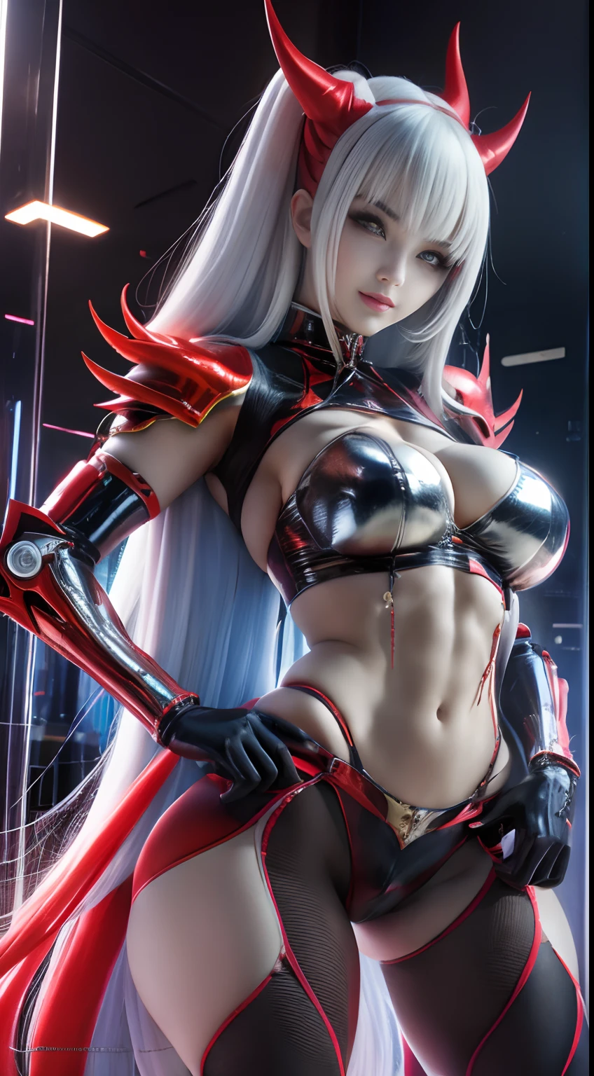 FUTURISTIC CHINESE RED DEMON WOMAN, MECHANICAL ARMOR, MUSCLE BODY
