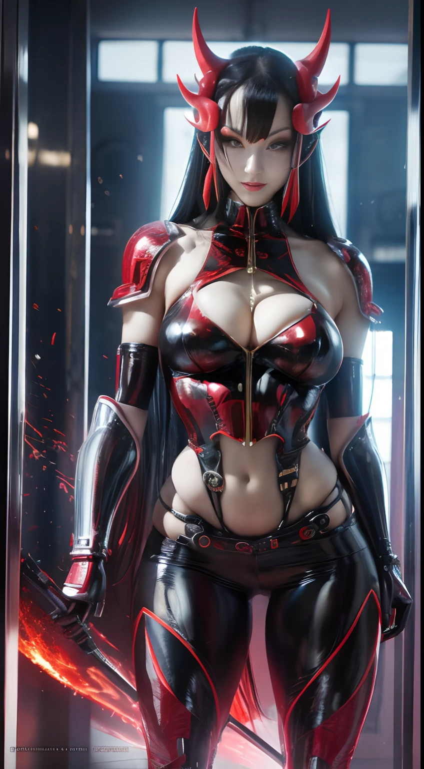 FUTURISTIC CHINESE RED DEMON WOMAN, MECHANICAL ARMOR, MUSCLE BODY