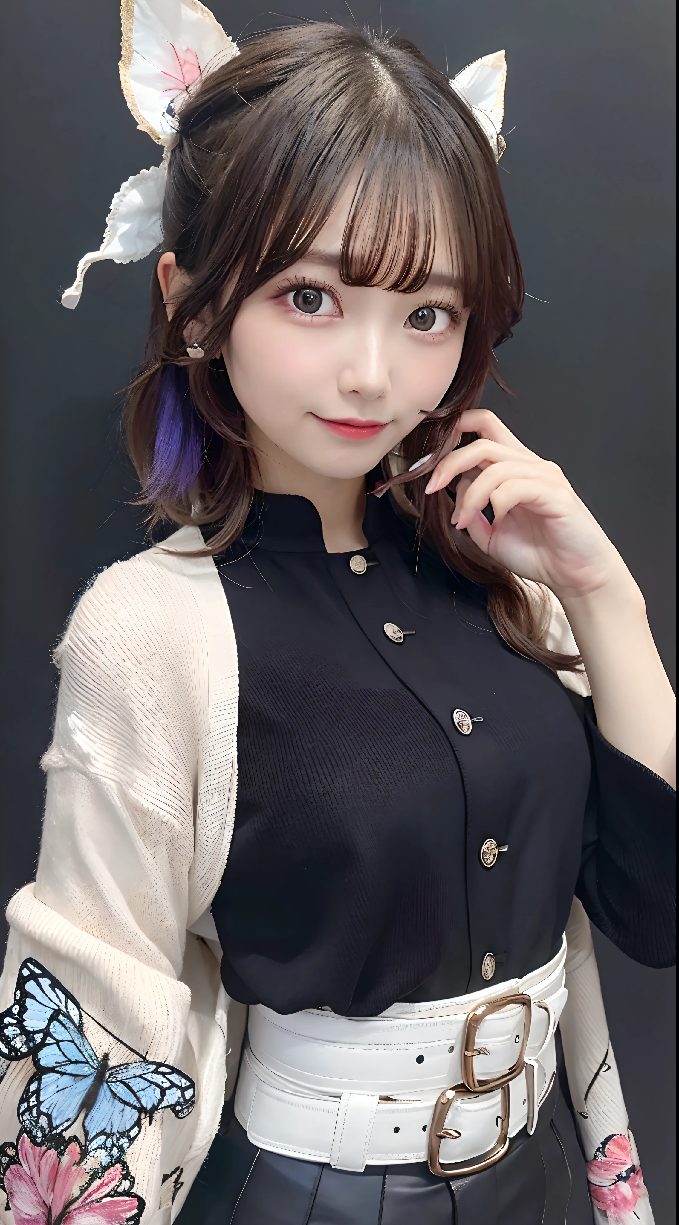 ​masterpiece, top-quality, Hi-Res, 1girl in, 独奏, kochou shinobu, butterfly hair ornament, a purple eye, O cabelo multicolorido, shorth hair, partedbangs, Black jacket, long-sleeve, a belt, The upper part of the body、 Smile,、A desert、japanes