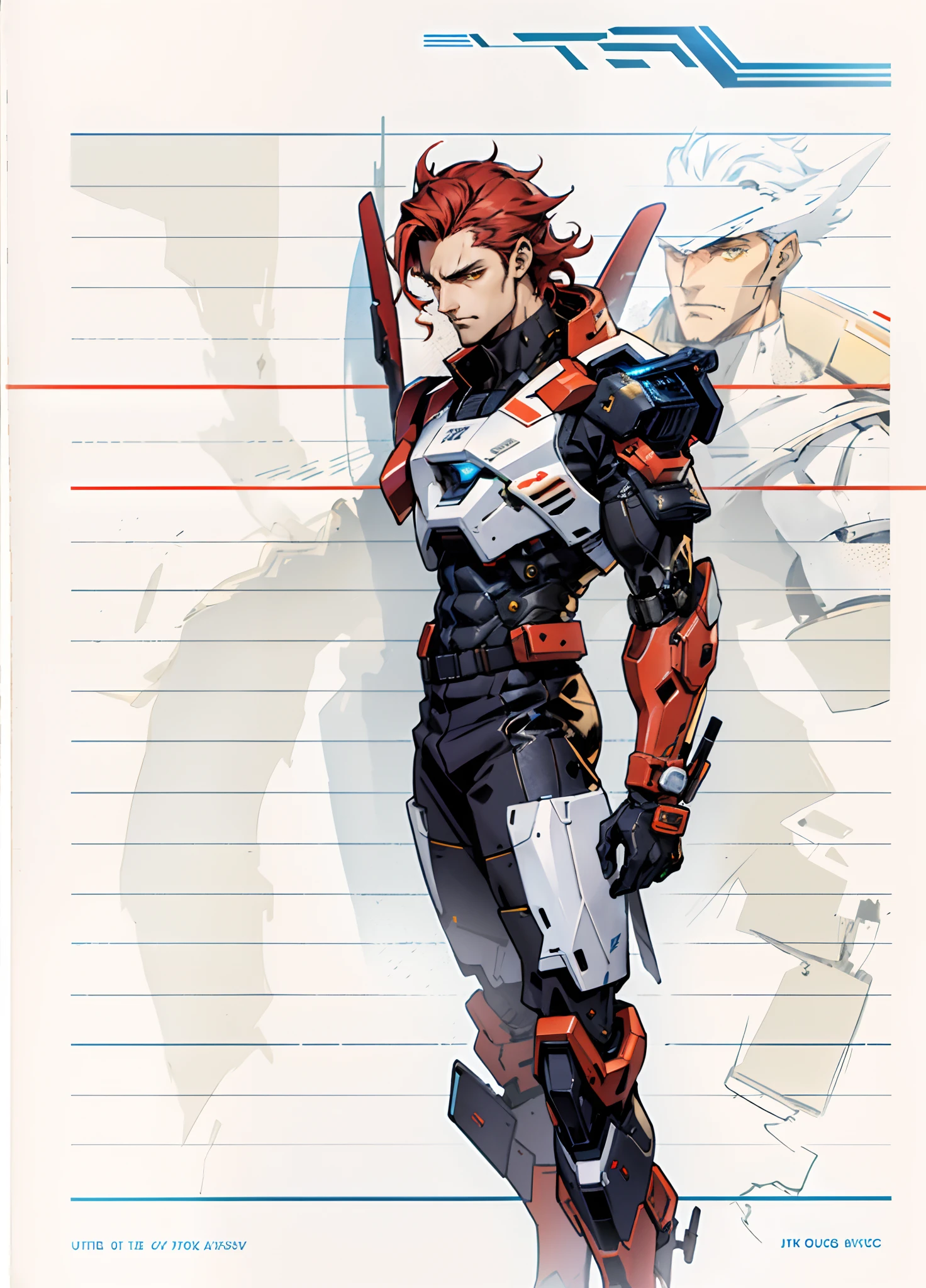 A man with short red-gold hair, hair slicked back, thick and disheveled hair, a cold and ruthless gaze, a confident expression, wears a two-piece futuristic military-style uniform, primarily in shades of white and red, accented by touches of yellow, streamlined wristguard gloves, matching trousers, he stands in a futuristic sci-fi-style hangar housing a colossal mech, stands within a futuristic sci-fi hangar, where a colossal mech is stationed, this character embodies a finely crafted futuristic military officer in anime style, characterized by an exquisite and mature manga illustration art style, high definition, best quality, highres, ultra-detailed, ultra-fine painting, extremely delicate, professional, anatomically correct, symmetrical face, extremely detailed eyes and face, high quality eyes, creativity, RAW photo, UHD, 8k, Natural light, cinematic lighting, masterpiece:1.5