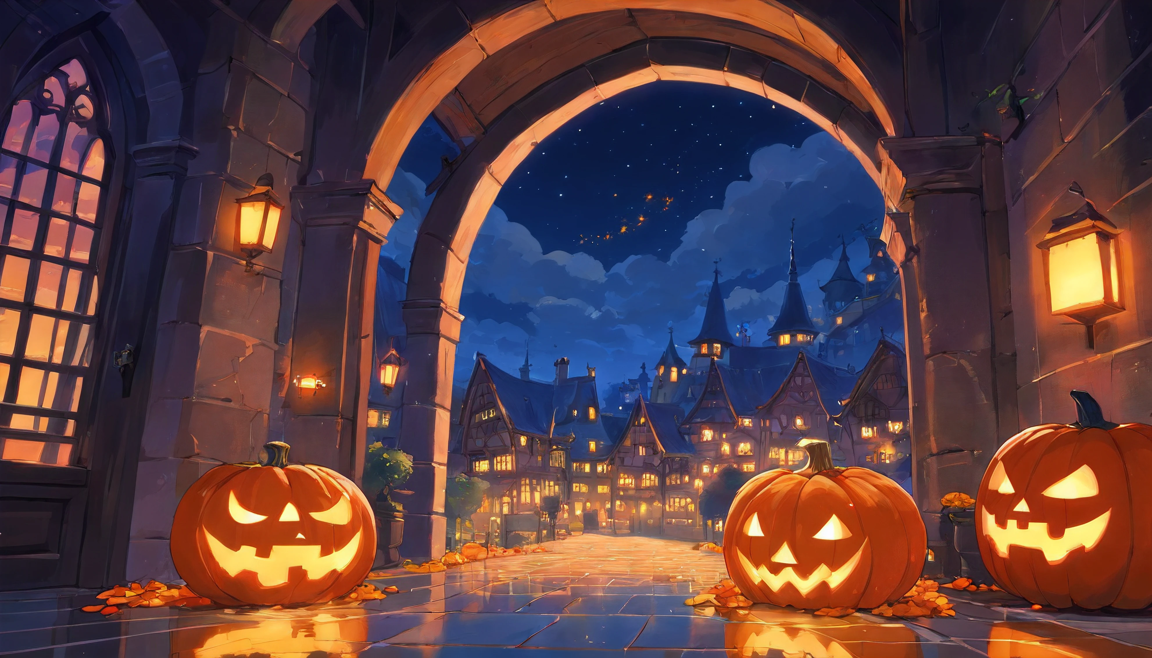 Halloween Floating Lights, Cinematic light and reflection, glowing lights, Intermediate metaverse elements,Digital Painting, Glowing reflections, pondering, Halloween Jack-o'-lantern, calm night, Digital Illustration, Beautiful atmosphere, Skylight at night, Calm evening atmosphere, Jack-o'-lantern, Halloween, the night, themoon, The game scene, Halloween, Surrounded by clouds, Buildings in medieval Europe, glazed tiles, ue, gorgeous colors, There are three arches in the foreground((color ink)), ( (Splash ink ) ), ((Splash ink) inky})), tmasterpiece, high quarity, Beautiful graphics, high detal,Magnificent