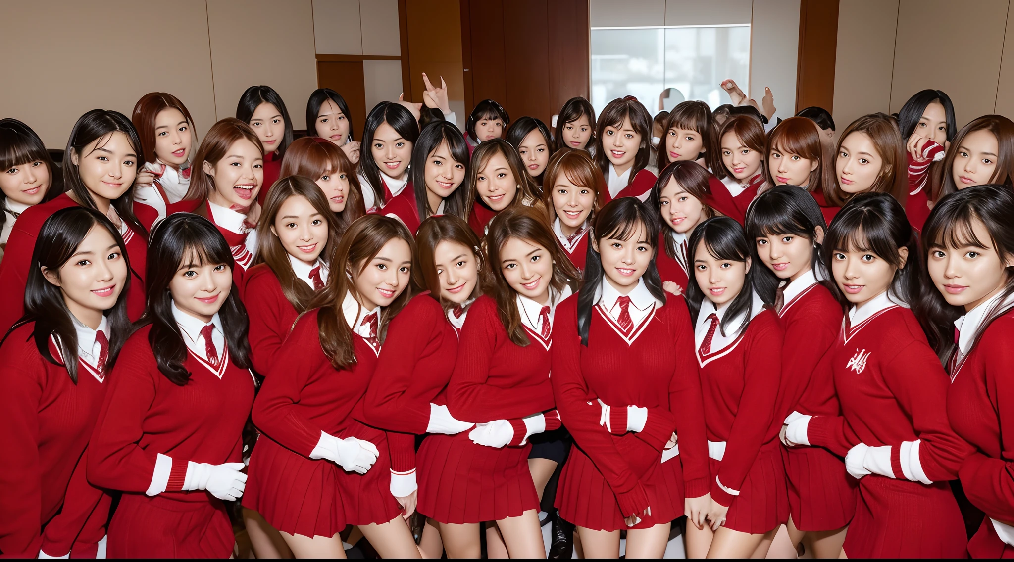 An ultra-high picture quality　50 Japan schoolgirls　Surrounded by 50 girls in red sweaters　爆乳　a miniskirt