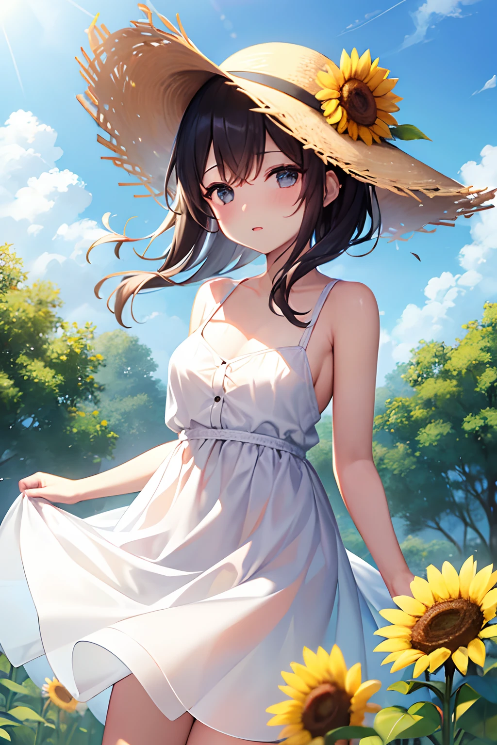 a female with hat in flower fields, white dress, light hair, 1girl, sunflower, outdoors, hat, flower, solo, dress, day, white dress, black hair, sky, straw hat, short hair, sleeveless, see-through, sleeveless dress, sun hat, cloud, parted lips, blush, bare arms, blue sky, breasts, bare shoulders, yellow flower, standing, hat flower