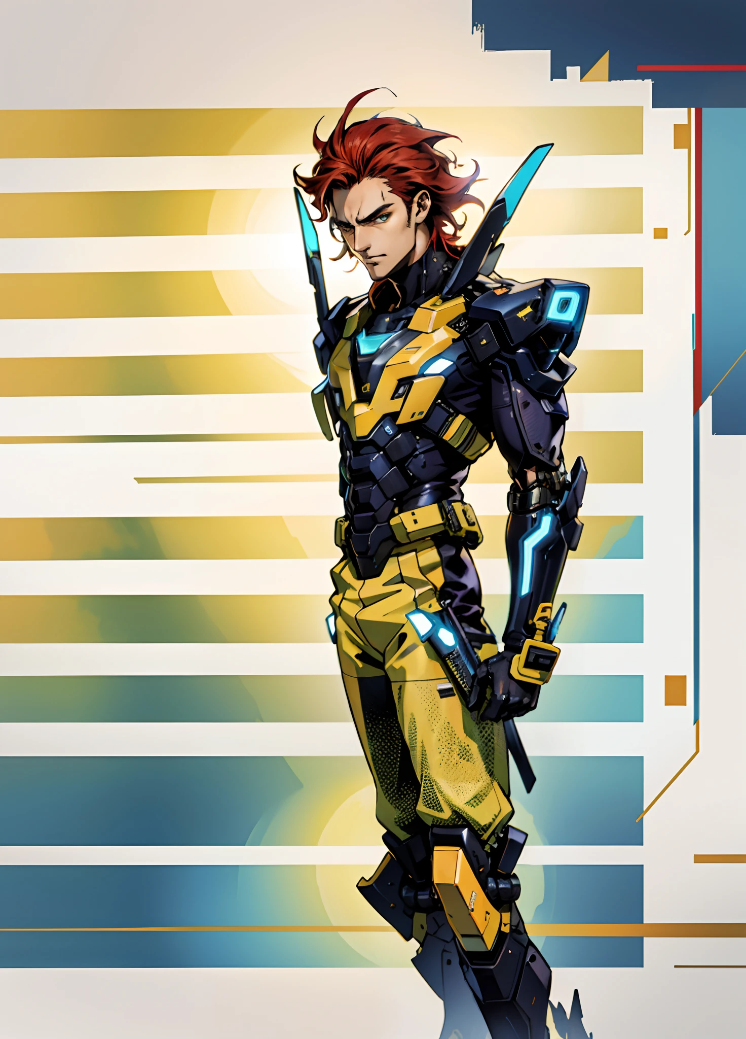 A man with short red-gold hair, hair slicked back, thick and disheveled hair, a cold and ruthless gaze, a confident expression, wears a two-piece futuristic military-style uniform, primarily in shades of white and red, accented by touches of yellow, streamlined wristguard gloves, matching trousers, he stands in a futuristic sci-fi-style hangar housing a colossal mech, stands within a futuristic sci-fi hangar, where a colossal mech is stationed, this character embodies a finely crafted futuristic military officer in anime style, characterized by an exquisite and mature manga illustration art style, high definition, best quality, highres, ultra-detailed, ultra-fine painting, extremely delicate, professional, anatomically correct, symmetrical face, extremely detailed eyes and face, high quality eyes, creativity, RAW photo, UHD, 8k, Natural light, cinematic lighting, masterpiece:1.5