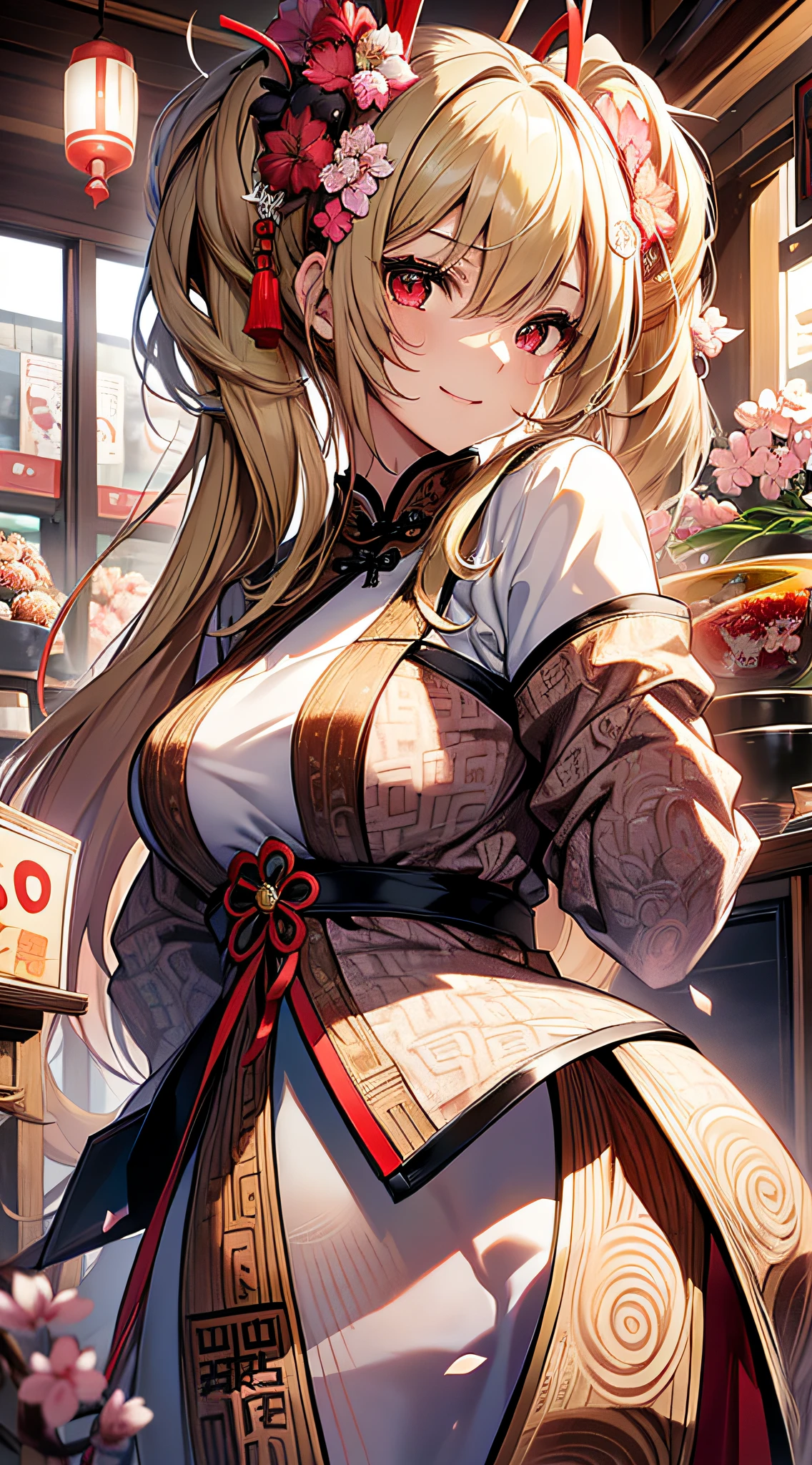 top-quality、Top image quality、​masterpiece、girl with((18year old、Blue cheongsam、Best Bust、Bust 90、Blonde twintails、Red Eyes、open chest wide、Valley、Happiness、A slender、ssmile,fighting poses、Cherry Blossom Hair Ornament)）hiquality、Beautiful Art、Background with((Beautiful ramen shop))、masutepiece、Elaborate design、visualart、