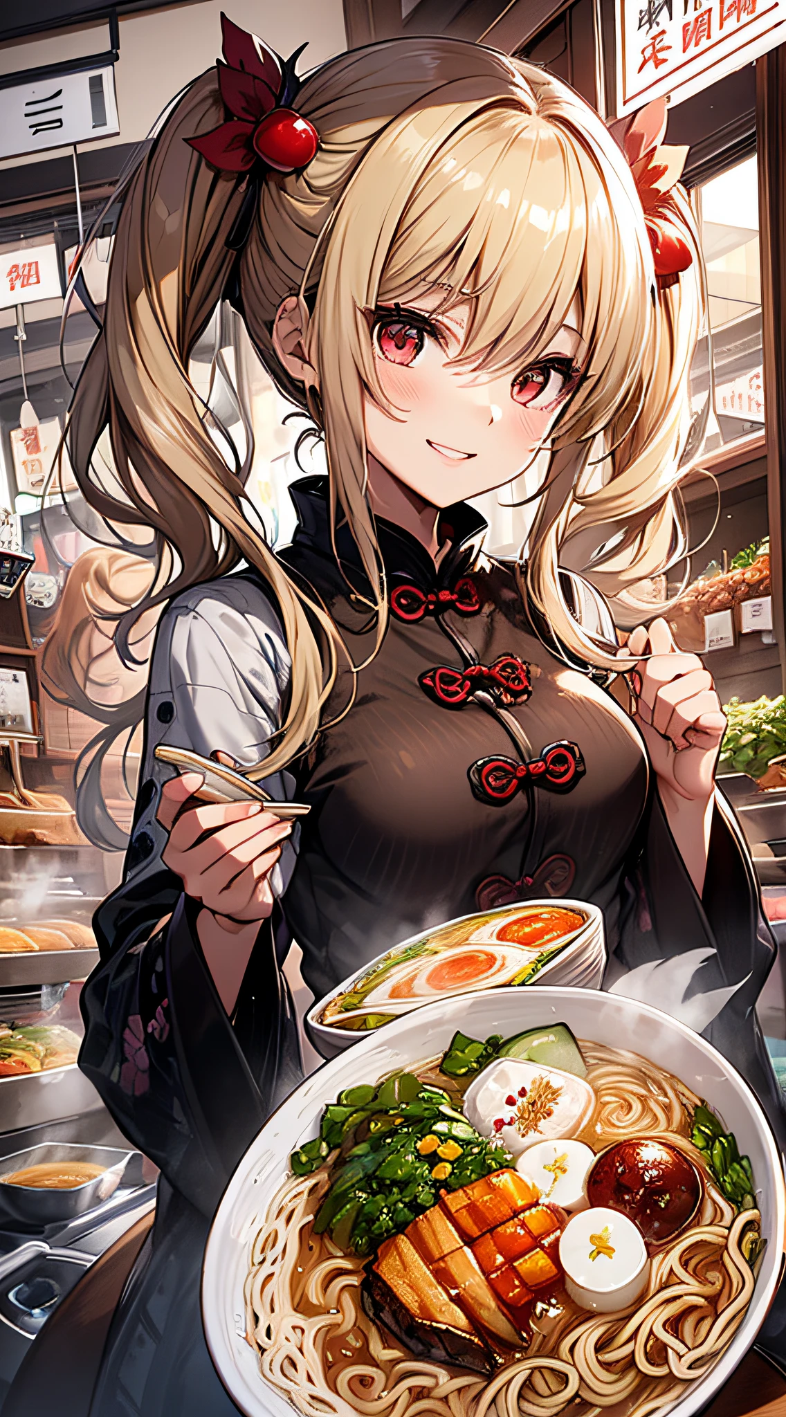 top-quality、Top image quality、masterpiece、girl with((18year old、Blue cheongsam、Best Bust、Bust 90、Blonde twintails、Red Eyes、open chest wide、Valley、Happiness、A slender、ssmile,fighting poses、Cherry Blossom Hair Ornament))hiquality、Beautiful Art、Background with((Beautiful ramen shop))、masutepiece、Elaborate design、visualart、