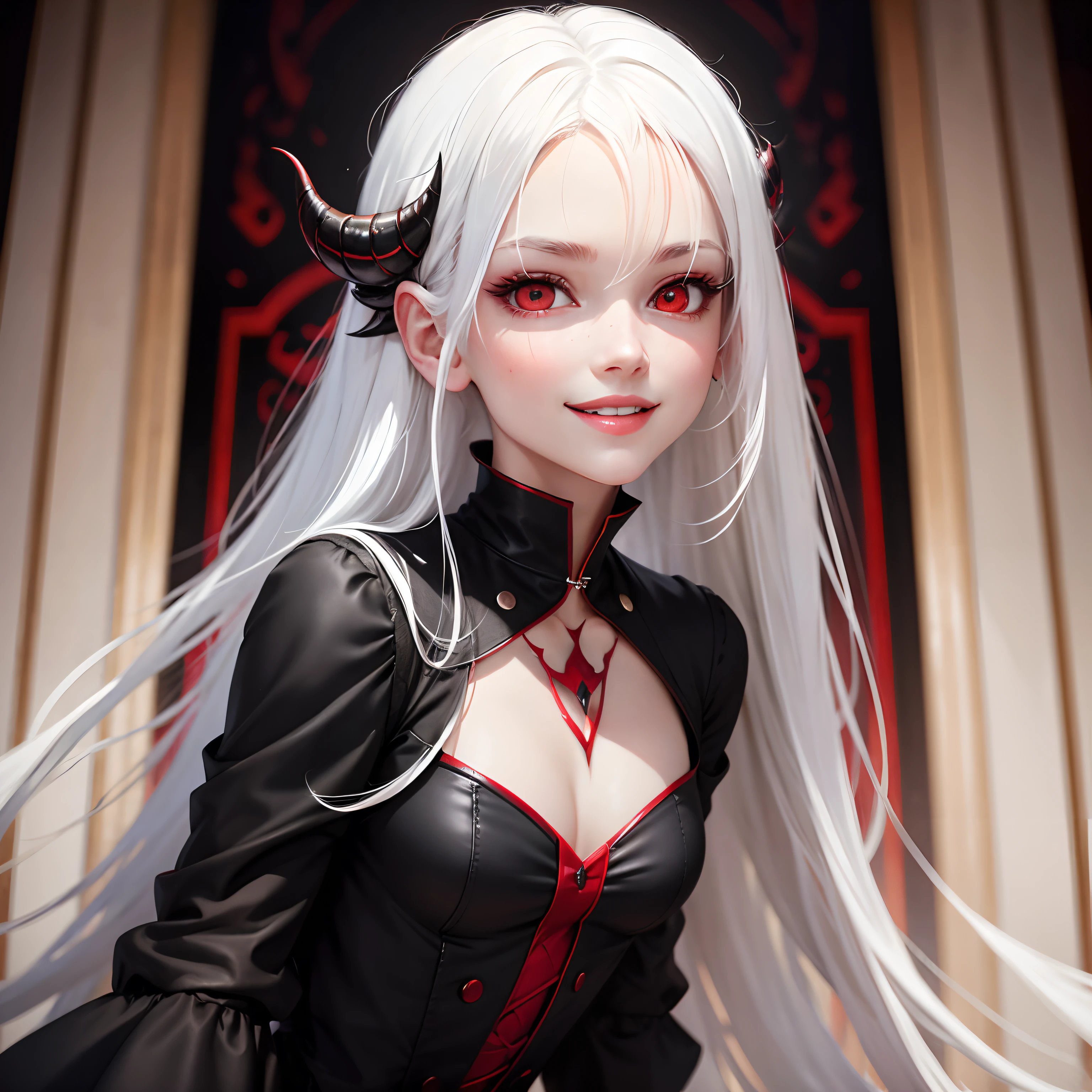 best quality, white hair, red eyes, black clothes, looking up, upper body, hair strand, Fair skin, smiling, devil
