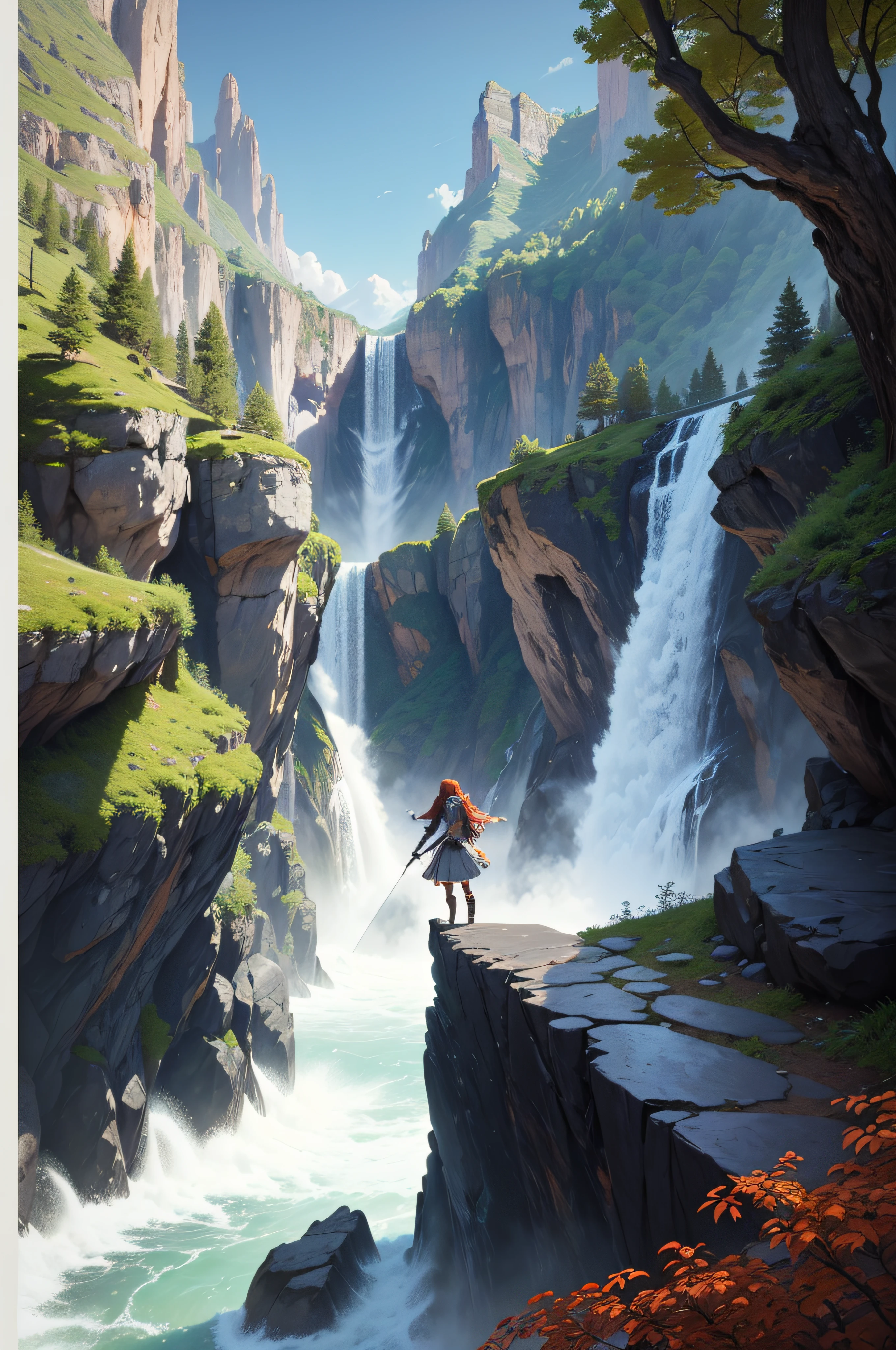 An ultra-realistic poster [[[[medindo 610 altura x914 mm de comprimento]]]], Fantastic scenery with vertical rocks on one side and the other, Enquadrando a cena, Trees with colorful foliage complete the scenery, no horizonte na frente da menina, cachoeiras caem das montanhas. Obra-prima super detalhada, incredible realism, 16k, UHD, Engenheiro Unreal ,Daz Studio Iray