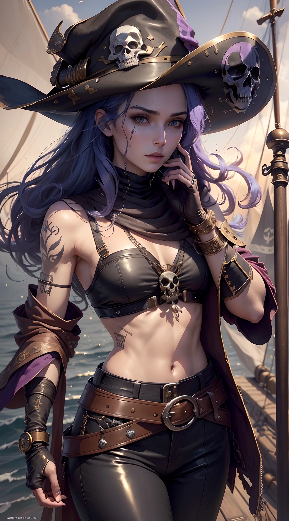 full bodyesbian, Top quality, Intricate details , (Fine skin, Shiny skin, Shiny hair, Pale complexion), Blue sky, golden time, Sunset, Sail ships, Pirate ship, ((Skull mark on flag)), Ambitious, Seductive Woman, Blue hair, Long hair, Hair fluttering in the wind, scar on the cheek, detailed tattoos, Leather clothes, Sleeveless clothes, Leathercoat, Leather gloves, Solid gold bracelet, leather pant, Black trousers, Pirate hat , A hat with a skull marker, (Leather belt), Look far away