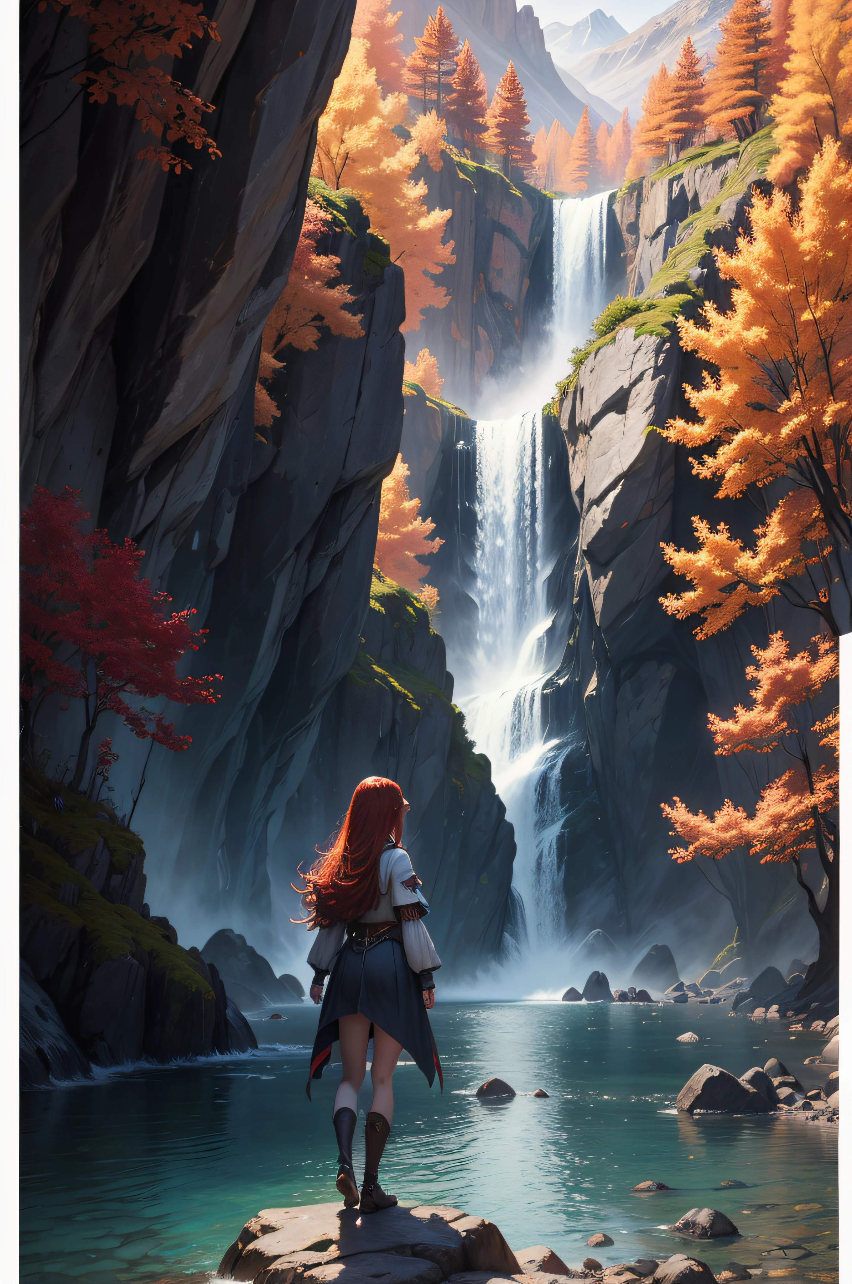 An ultra realistic poster measuring 914x610mm of an elf girl seen full length from behind, long red hair moving with the wind around her, fantastic scenery with vertical rocks on one side and the other, framing the scene, trees with colorful foliage complete the scene, on the horizon in front of the girl, waterfalls fall from mountains. Super detailed masterpiece, incredible realism, 16k, uhd, unreal engineer, octane.