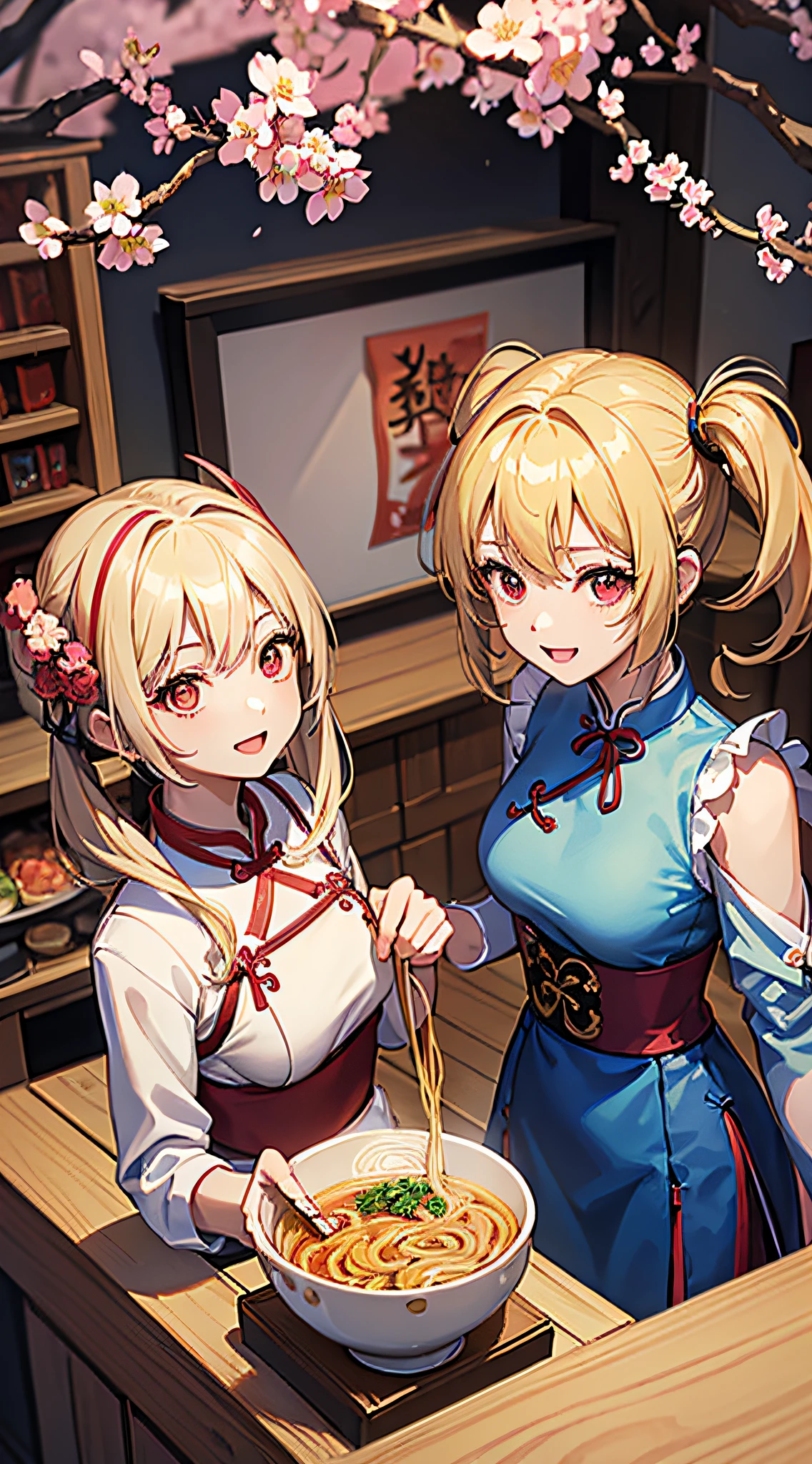 top-quality、Top image quality、​masterpiece、girl with((18year old、Blue cheongsam、Best Bust、Bust 90、Blonde twintails、Red Eyes、open chest wide、Valley、Happiness、A slender、ssmile,fighting poses、Cherry Blossom Hair Ornament)）hiquality、Beautiful Art、Background with((Beautiful ramen shop))、masutepiece、Elaborate design、visualart、