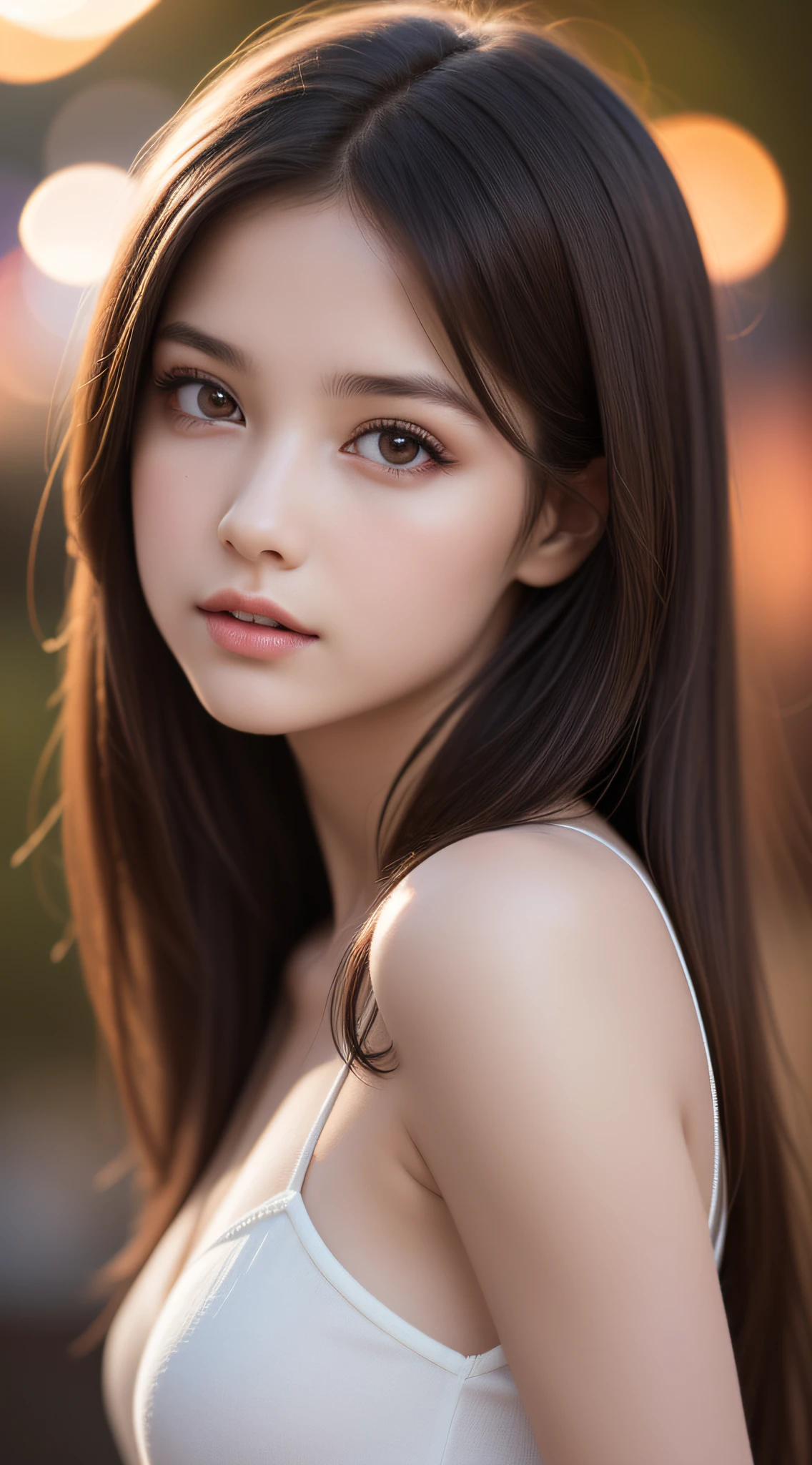 (best quality), (ultra-detailed), (llustration), (detailed light), (an extremely delicate and beautiful), ung girl, brown hair, brown eyes, model, bare shoulders, best quality, extremely detailed CG unified 8k wallpaper, High-definition raw color photos, professional photograpy, (((Bokeh))), depth of fields, twilight, sunset,