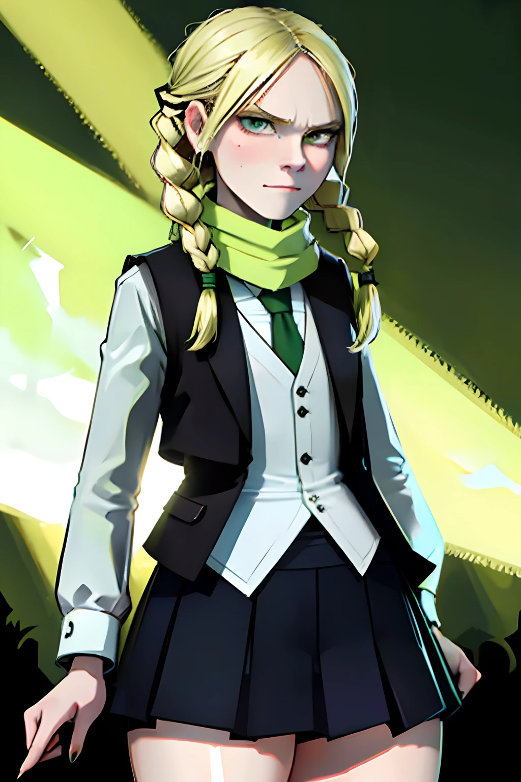 Skinny 15 year old girl, small head, 1girl, blonde braids, green neckscarf, white vest, green pleated skirt, white elbow gloves, white thigh high socks, smug face expression, evil face expression, white eyes, tight vest, dramatic lighting,  shadmanv1