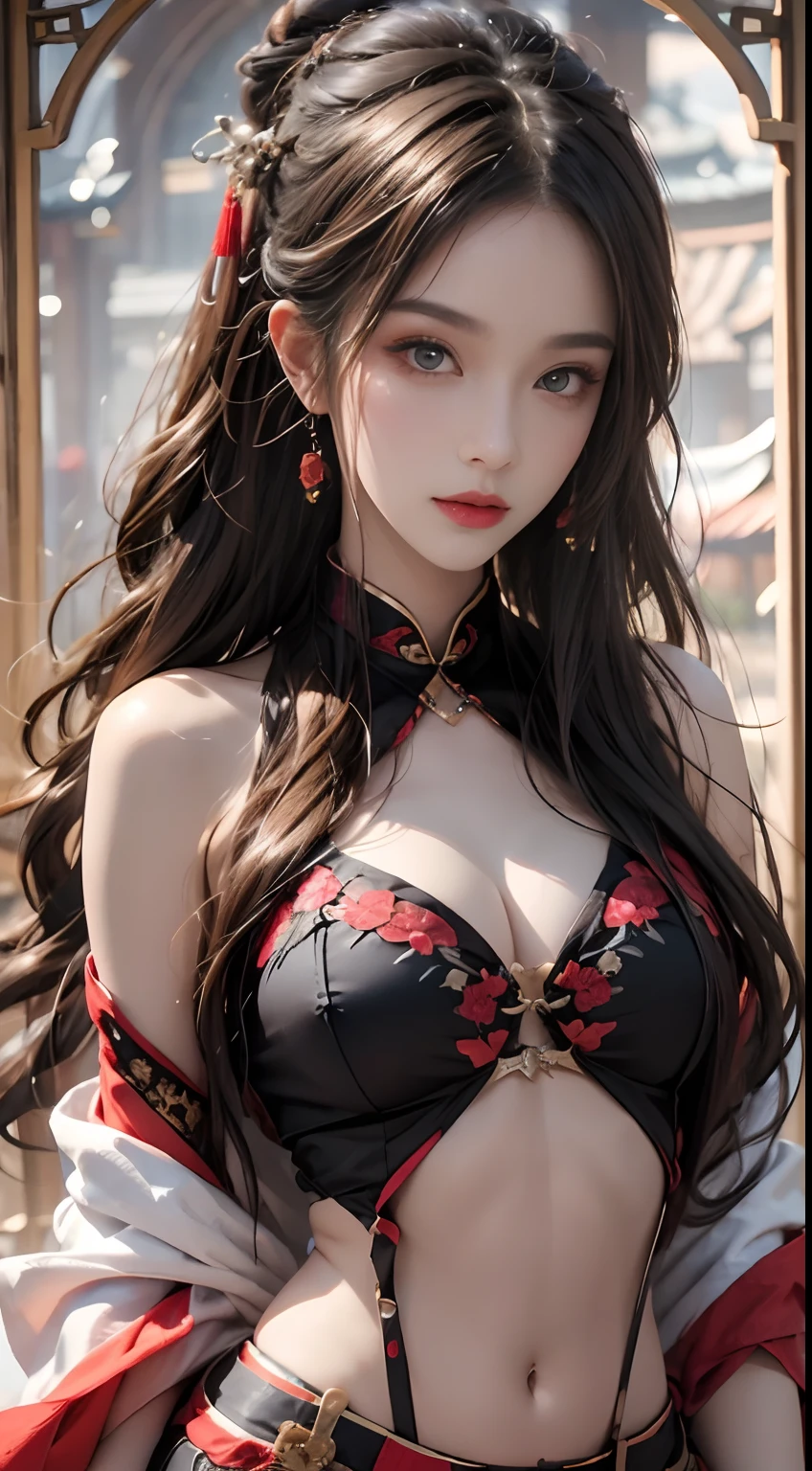 Photorealistic, high resolution, 1 woman, Hips up, Beautiful eyes, Long hair, ringed eyes, jewelry, tattoo, Hanfu, Chinese fairy, Taoist uniform