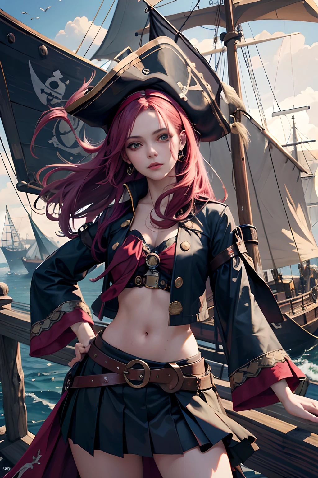 English woman,1girll,Lovely and beautiful Fas,28 year old,Colorful hair,double tails, Practical pirate clothing, (Long-sleeved pirate top), Skirt,Torn pirate hat, view the viewer, fantasy,(Pirate ship),Cinematic lighting,Masterpiece,