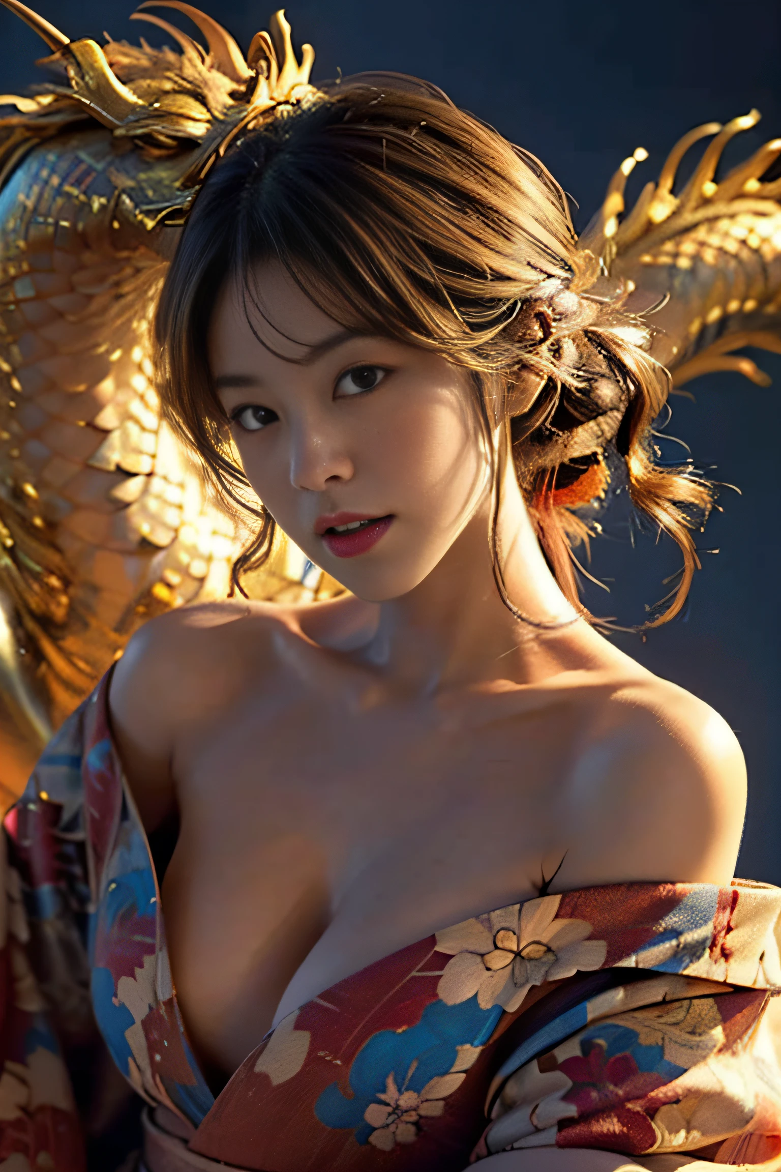 (masterpiece:1.2), ultra detailed, ultra high res, (realistic, photo realistic:1.37), high detail RAW color photo, professional photograph, an extremely delicate and beautiful, extremely detailed, finely detail, huge file size, extremely detailed beautiful girl, extremely detailed face, extremely detailed eyes, extremely detailed skin, extremely detailed nose, extremely detailed mouth, perfect anatomy, highly detailed background, shiny skin, (Japanese famous actress:1.2), (gyaru:1.25), flat chest, (kimono, bare shoulders:1.3), (flat chest:1.3), Dynamic Pose, dynamic lighting, nsfw, lens flare, (long, dragon:1.2),