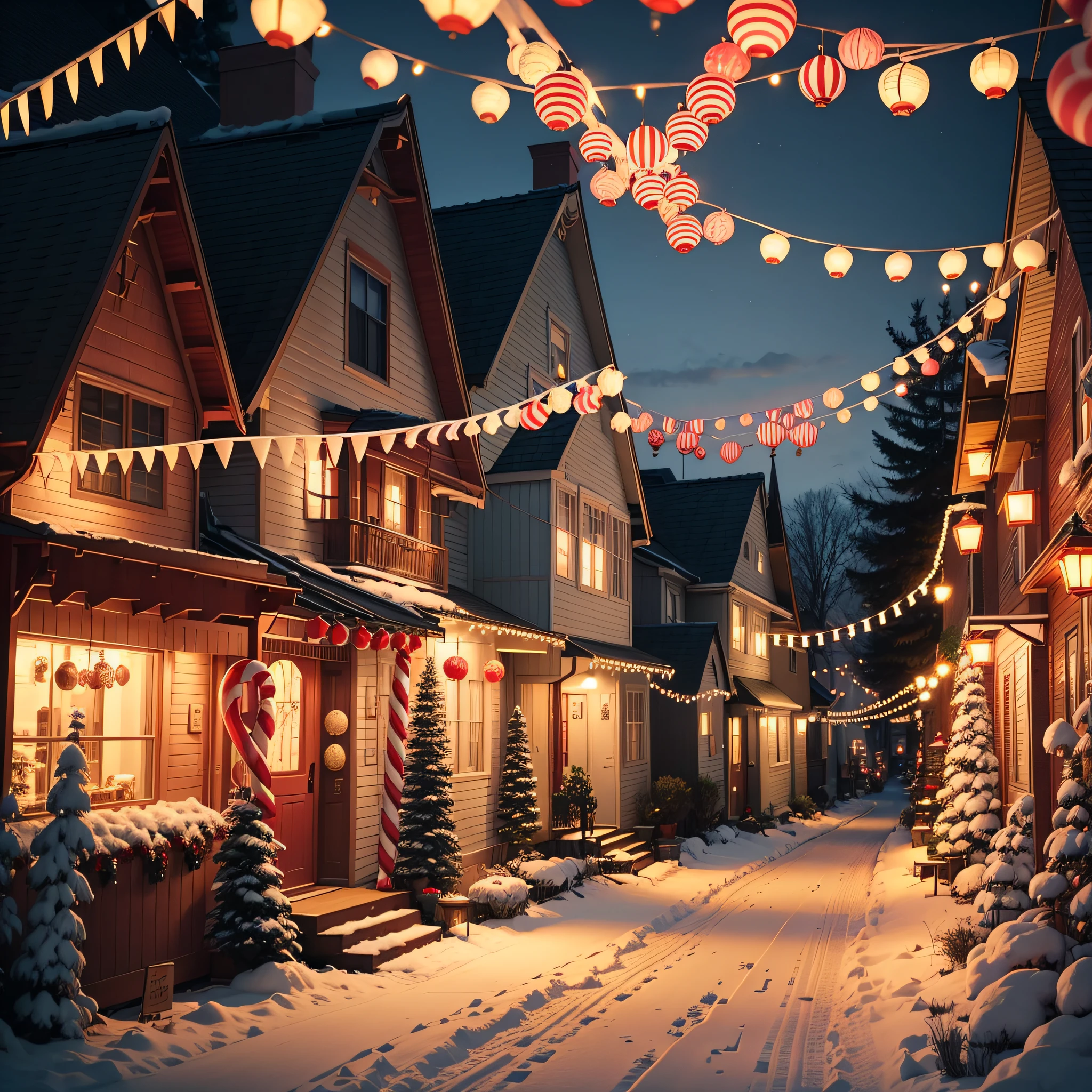 Candy Cane Lane: A charming street lined with giant candy canes, glowing lanterns, and festively decorated homes.